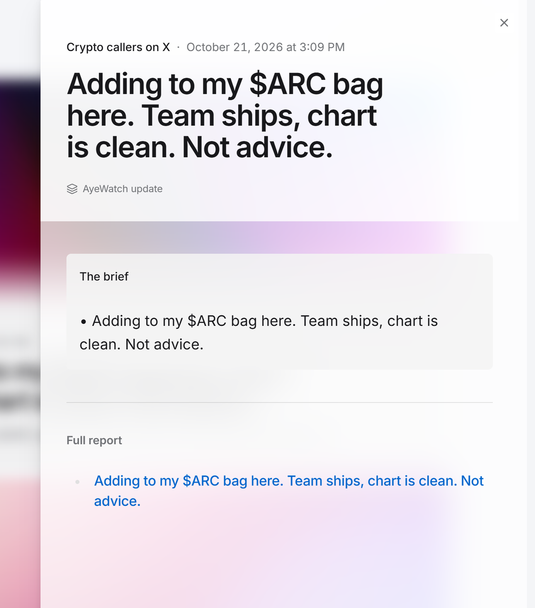 Example AyeWatch alert in the web feed: a made-up crypto caller posting about a token