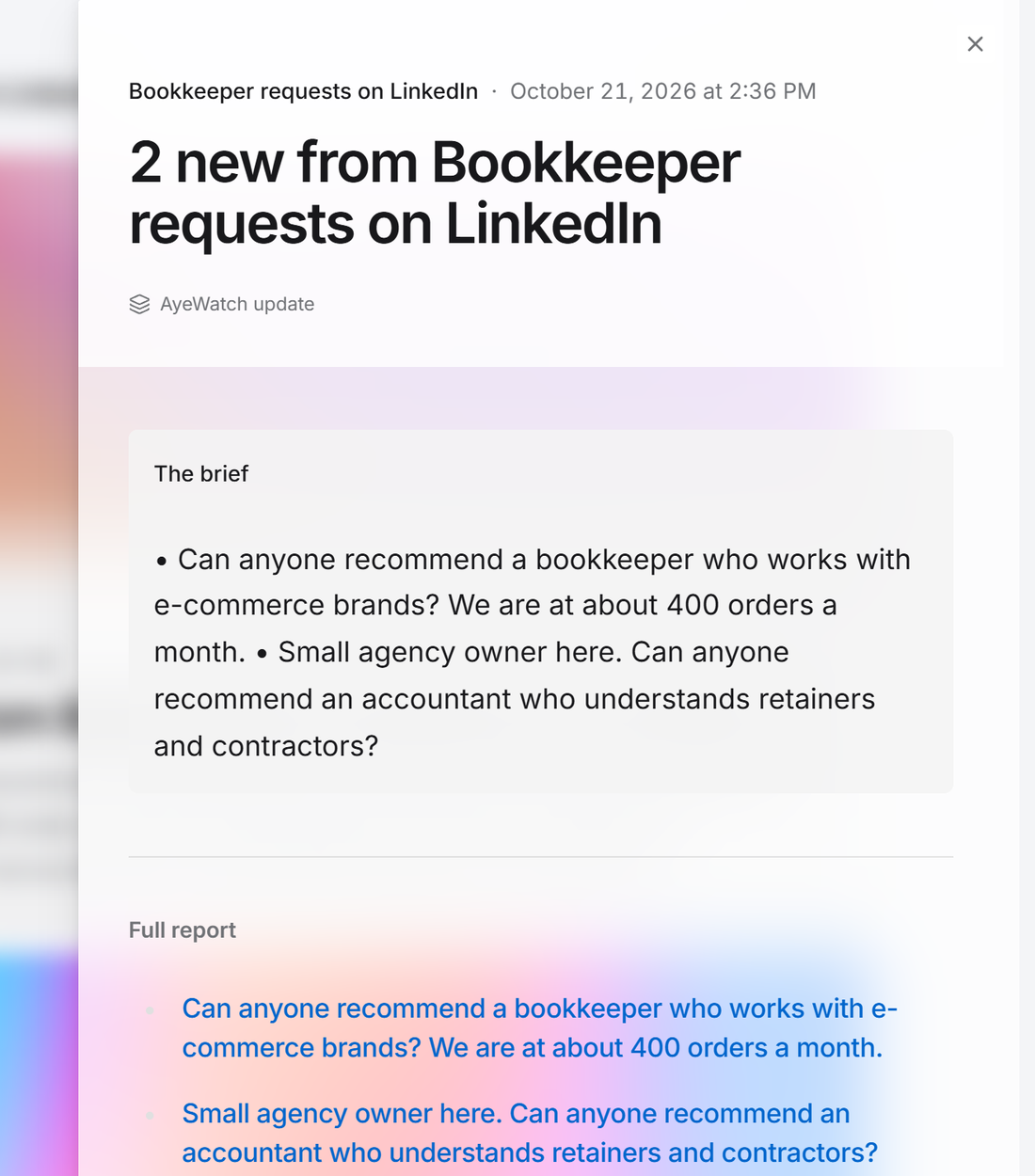 Example AyeWatch alert in the web feed: 2 LinkedIn posts asking for a bookkeeper or accountant