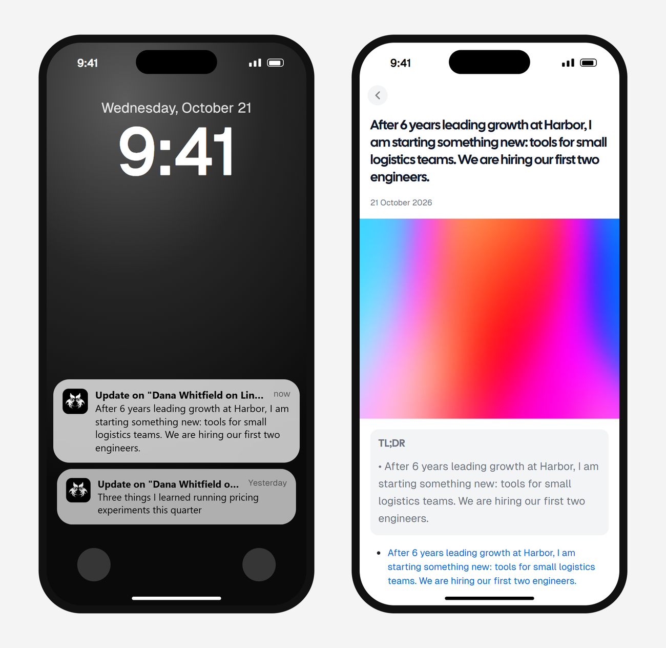 Example AyeWatch push notification and alert screen on a phone: a new LinkedIn post from Dana Whitfield