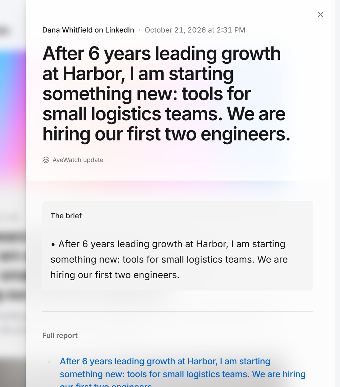 Example AyeWatch alert in the web feed: a new LinkedIn post from Dana Whitfield