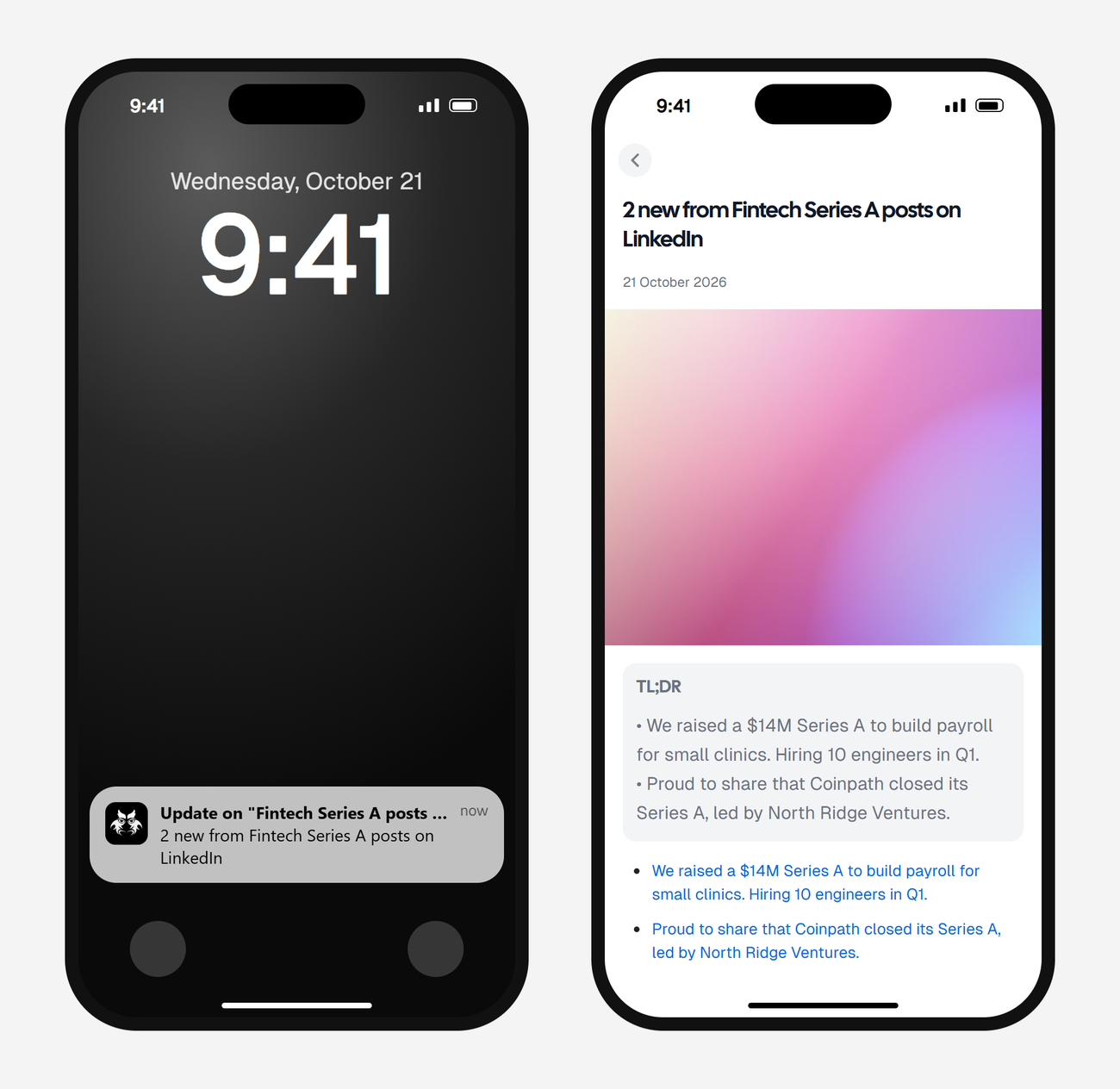 Example AyeWatch push notification and alert screen on a phone: 2 LinkedIn posts announcing fintech Series A rounds