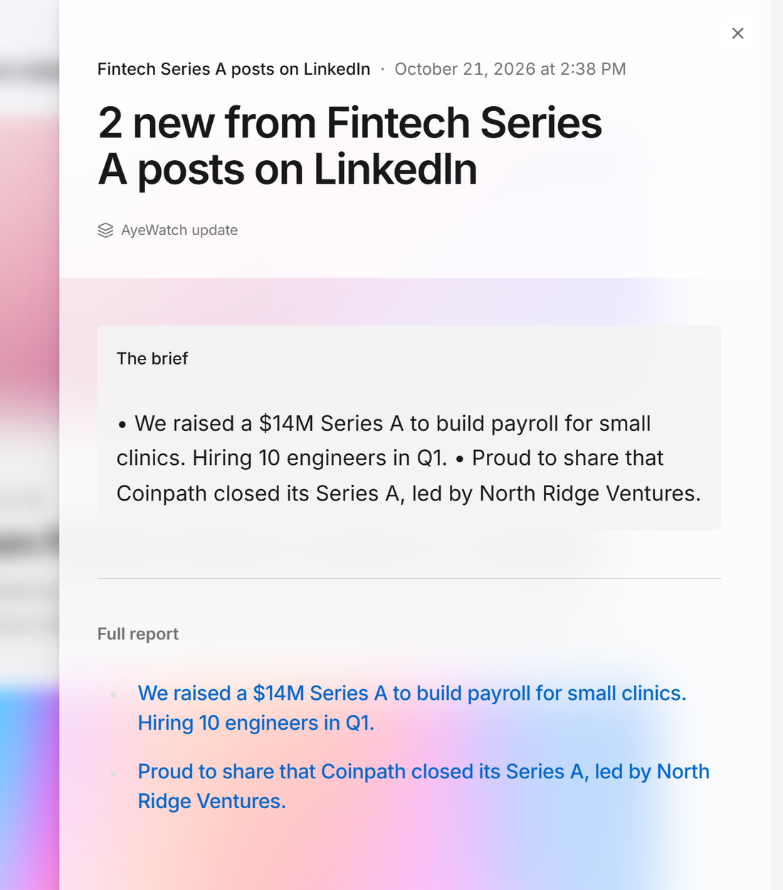 Example AyeWatch alert in the web feed: 2 LinkedIn posts announcing fintech Series A rounds