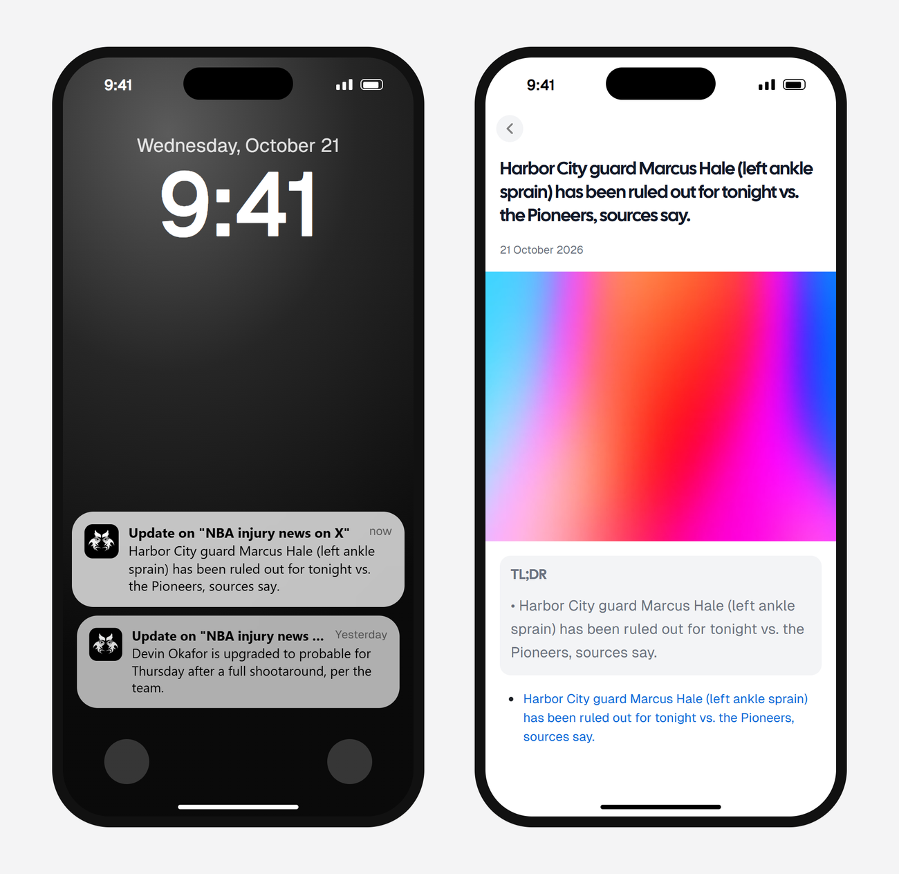 Example AyeWatch push notification and alert screen on a phone: an NBA insider posting that a guard is ruled out tonight