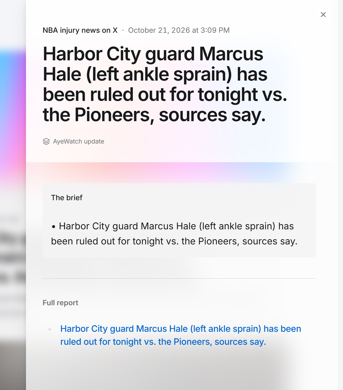 Example AyeWatch alert in the web feed: an NBA insider posting that a guard is ruled out tonight