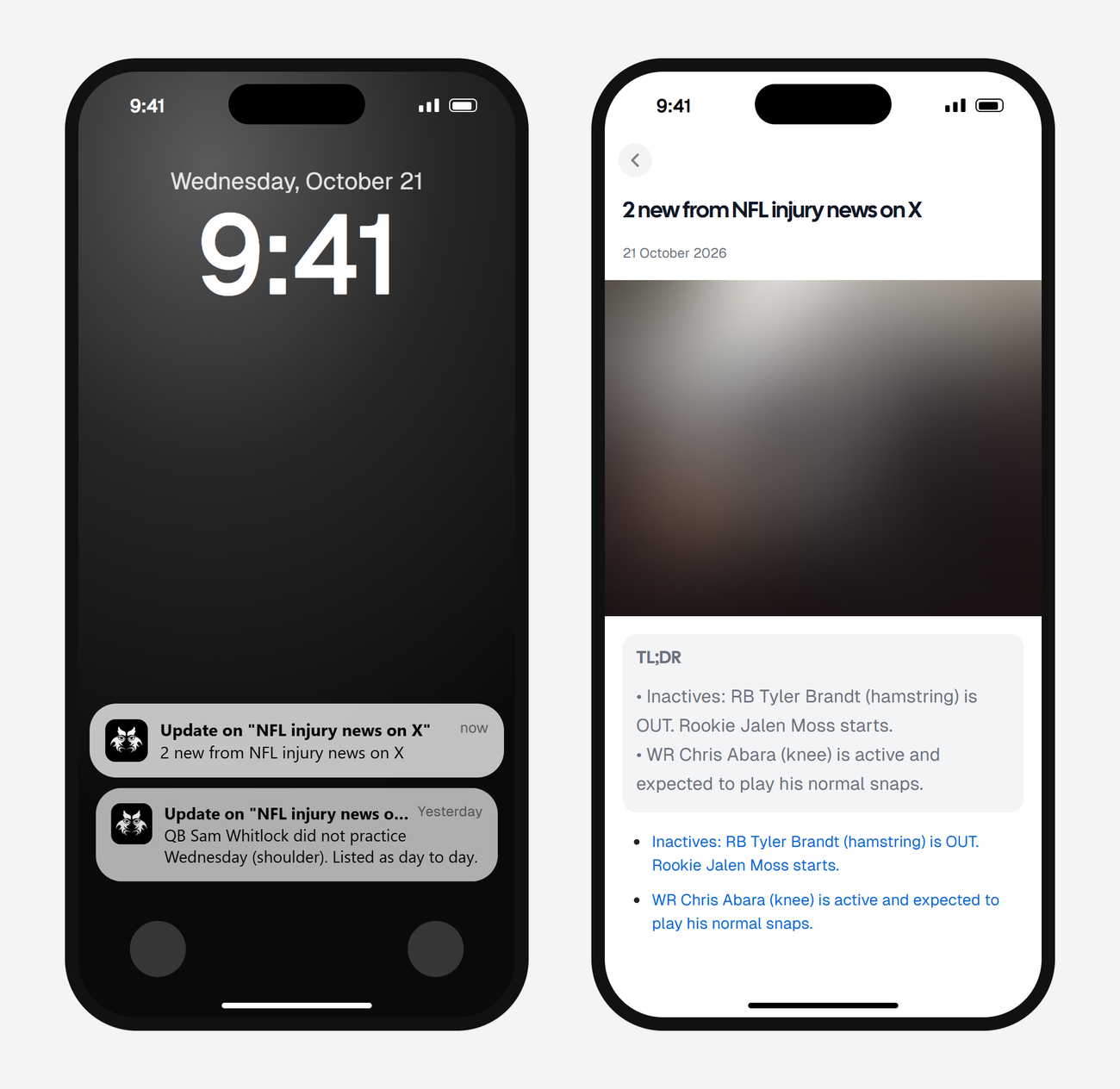 Example AyeWatch push notification and alert screen on a phone: an NFL insider posting inactives and a running back ruled out
