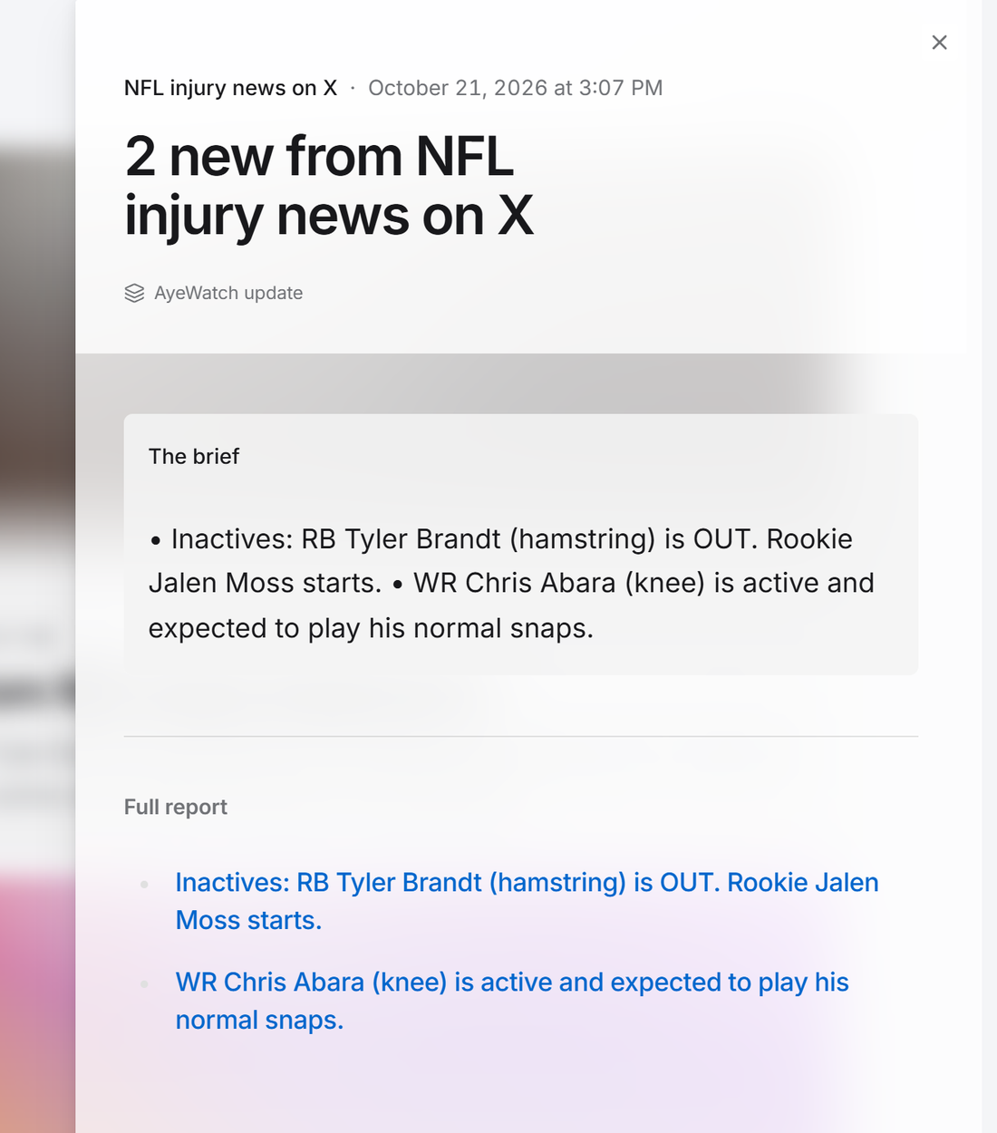 Example AyeWatch alert in the web feed: an NFL insider posting inactives and a running back ruled out