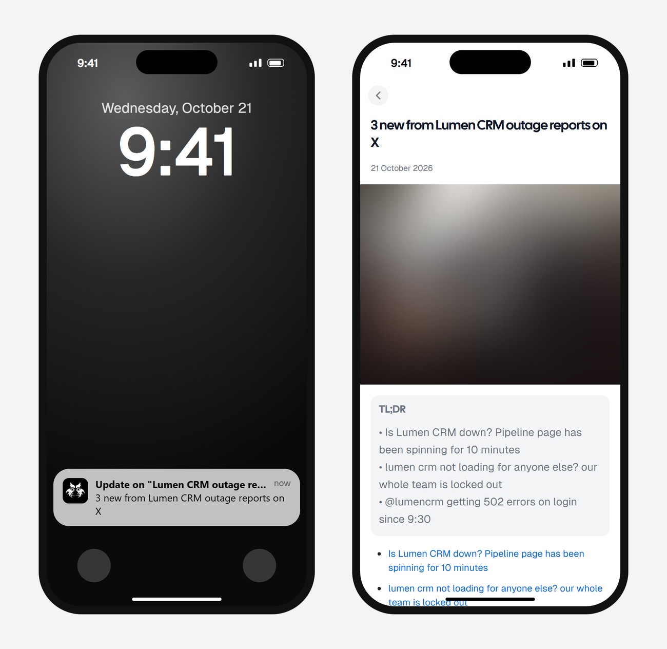 Example AyeWatch push notification and alert screen on a phone: 3 posts reporting that a made-up CRM is down