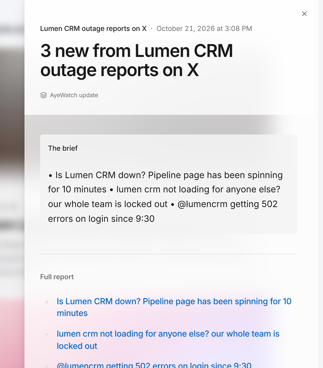 Example AyeWatch alert in the web feed: 3 posts reporting that a made-up CRM is down