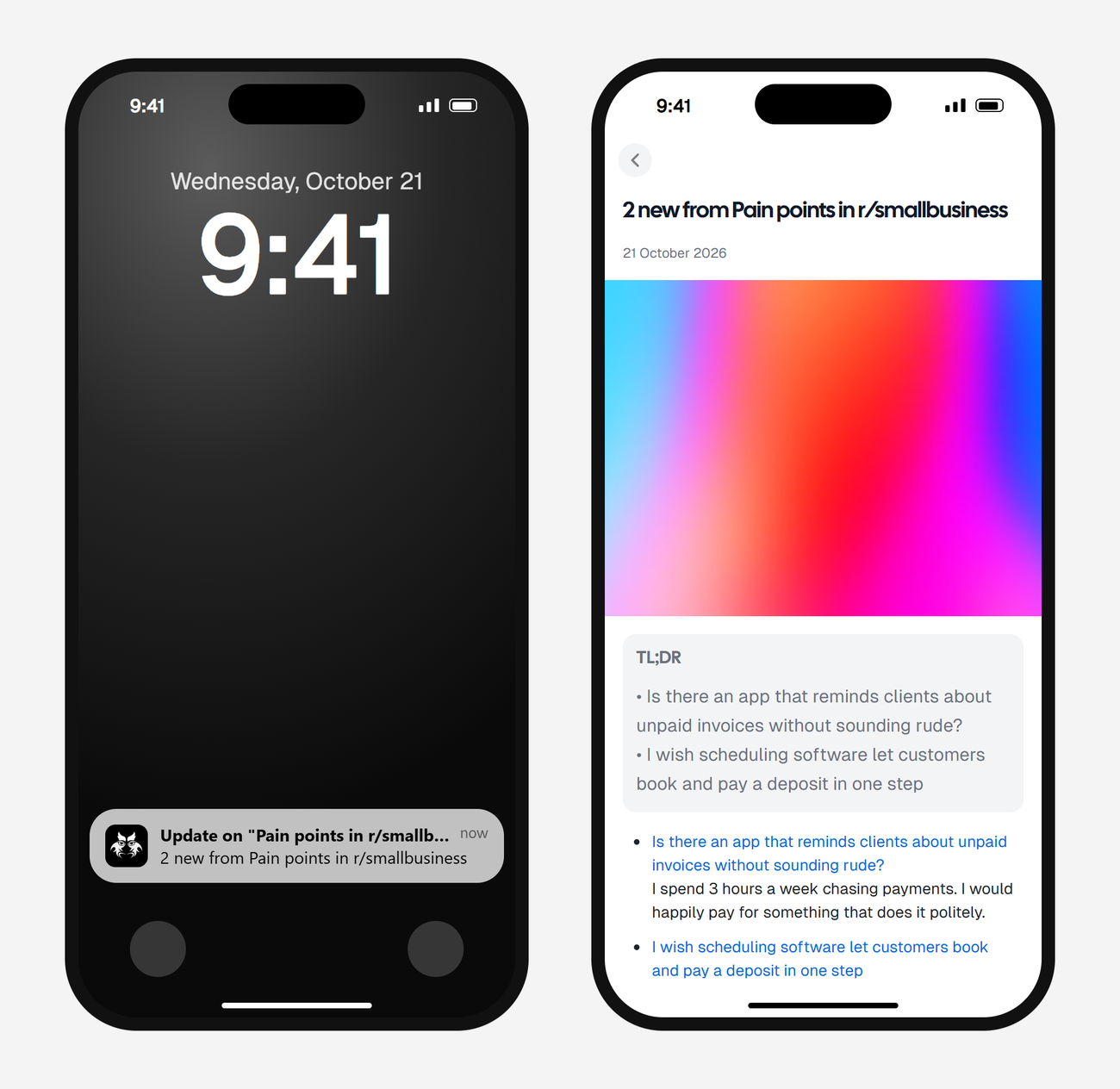 Example AyeWatch push notification and alert screen on a phone: 2 posts in r/smallbusiness describing unsolved problems