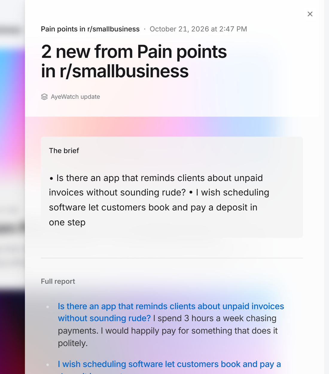Example AyeWatch alert in the web feed: 2 posts in r/smallbusiness describing unsolved problems