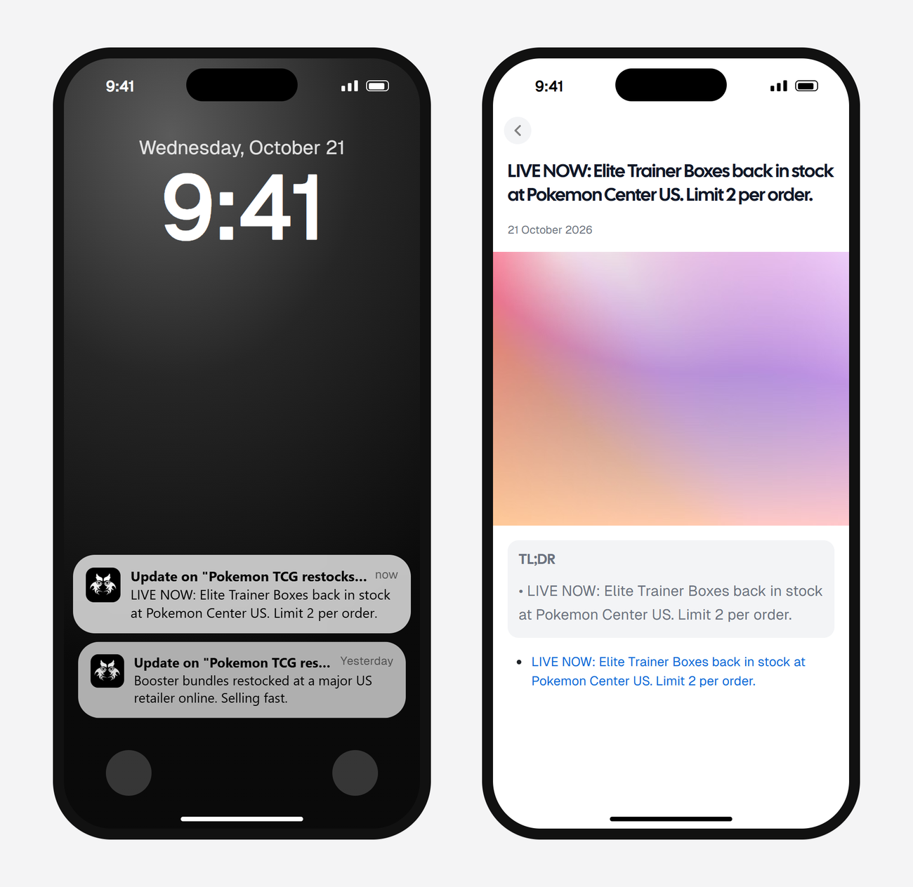 Example AyeWatch push notification and alert screen on a phone: a restock account posting that Elite Trainer Boxes are back in stock