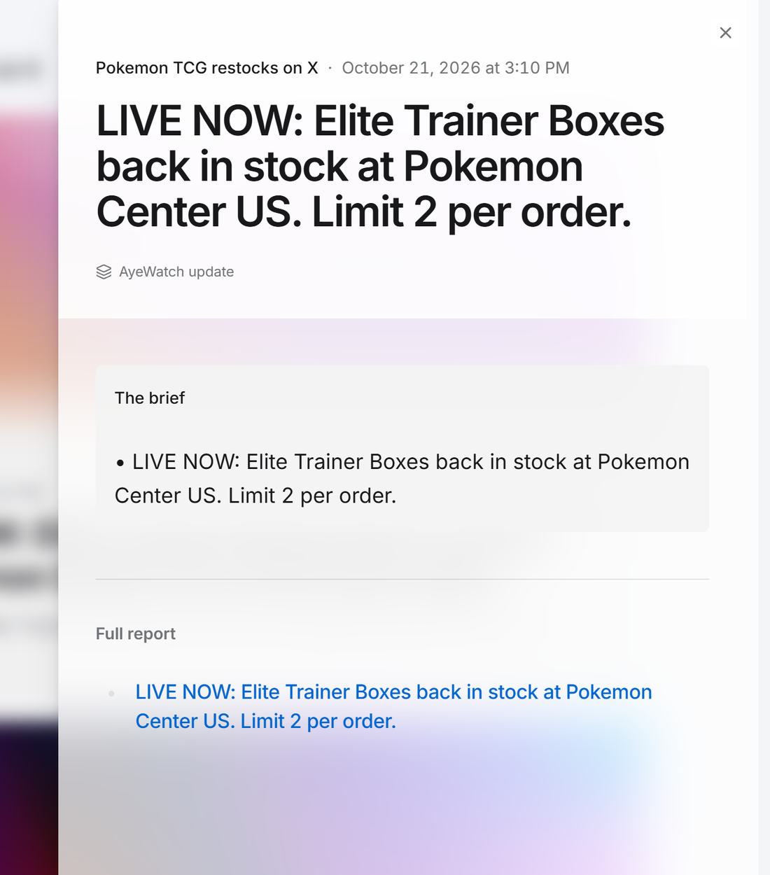 Example AyeWatch alert in the web feed: a restock account posting that Elite Trainer Boxes are back in stock