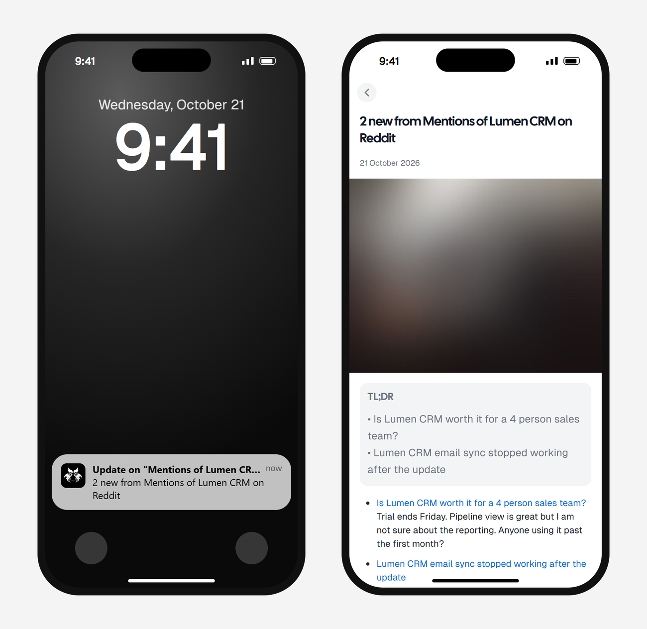 Example AyeWatch push notification and alert screen on a phone: 2 new Reddit posts mentioning Lumen CRM