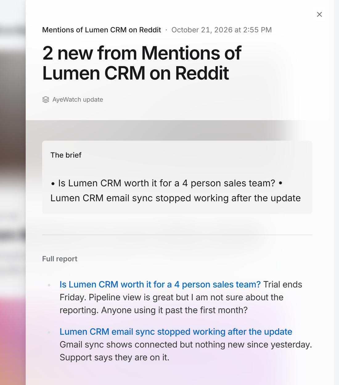 Example AyeWatch alert in the web feed: 2 new Reddit posts mentioning Lumen CRM