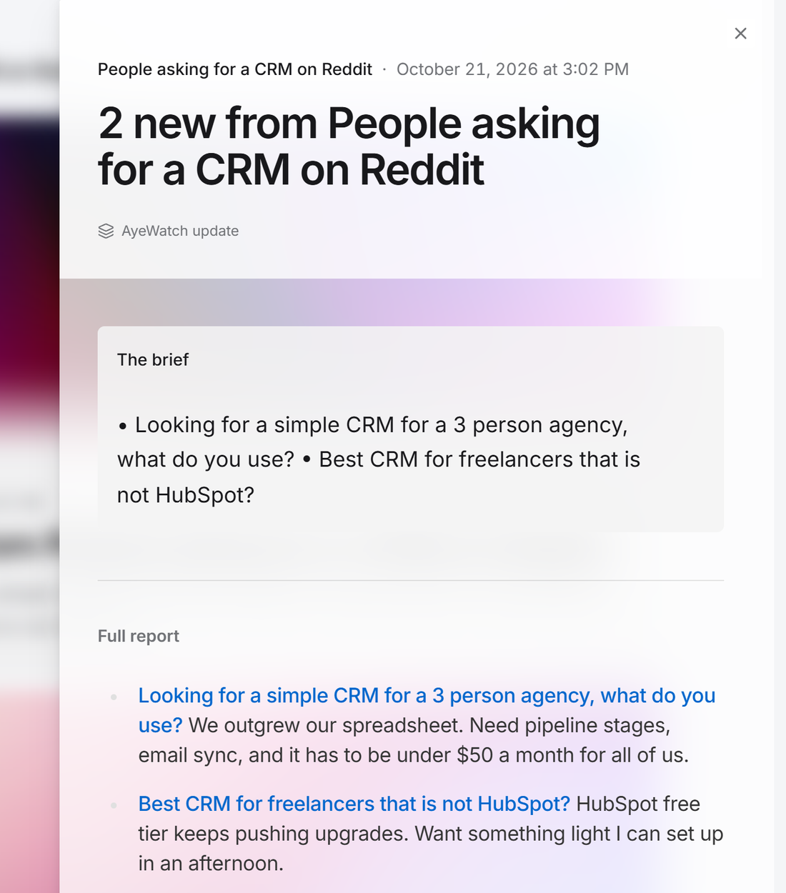 Example AyeWatch alert in the web feed: 2 new Reddit posts asking for a CRM