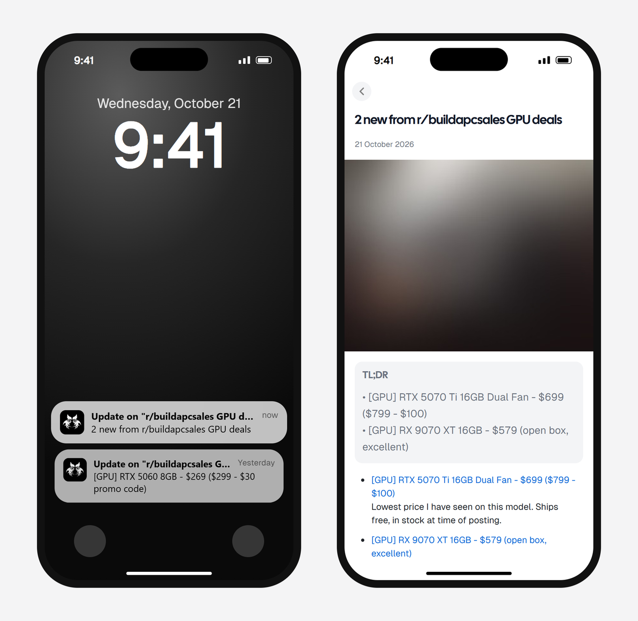 Example AyeWatch push notification and alert screen on a phone: 2 new GPU deal posts in r/buildapcsales
