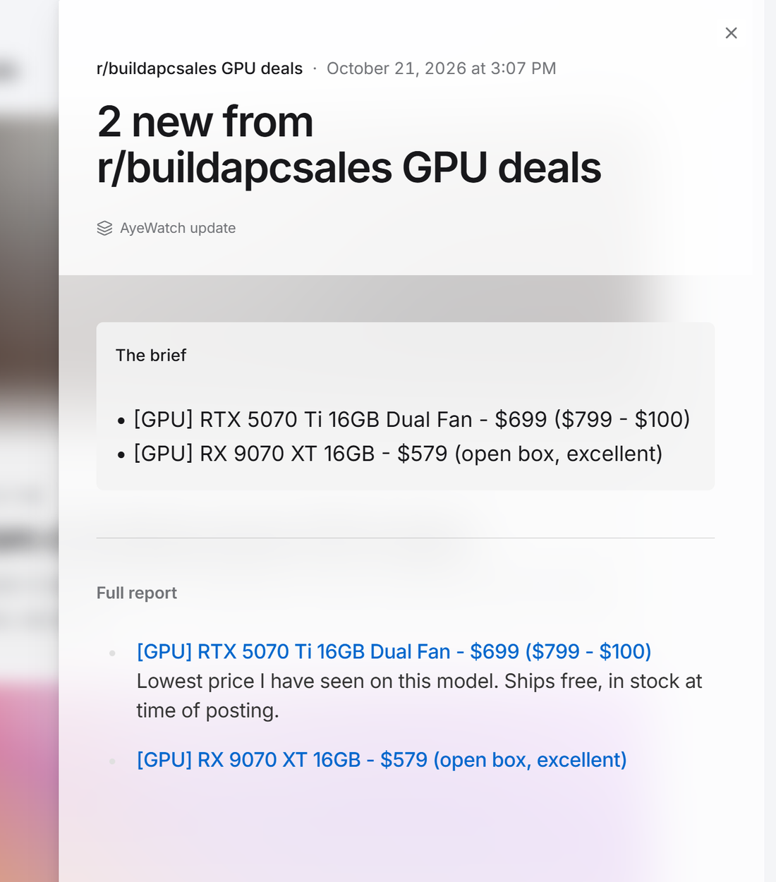 Example AyeWatch alert in the web feed: 2 new GPU deal posts in r/buildapcsales