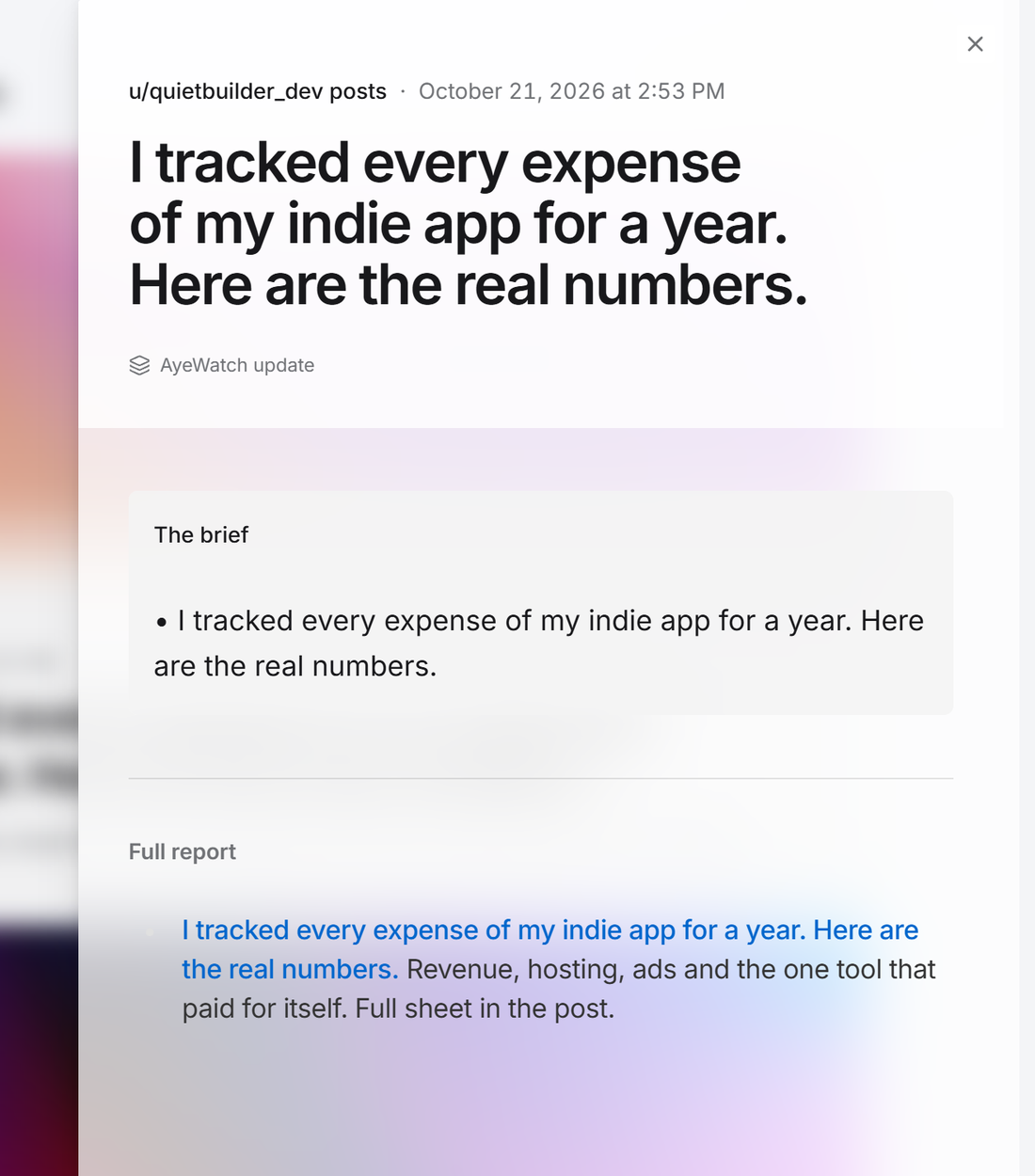 Example AyeWatch alert in the web feed: a new post from Reddit user u/quietbuilder_dev