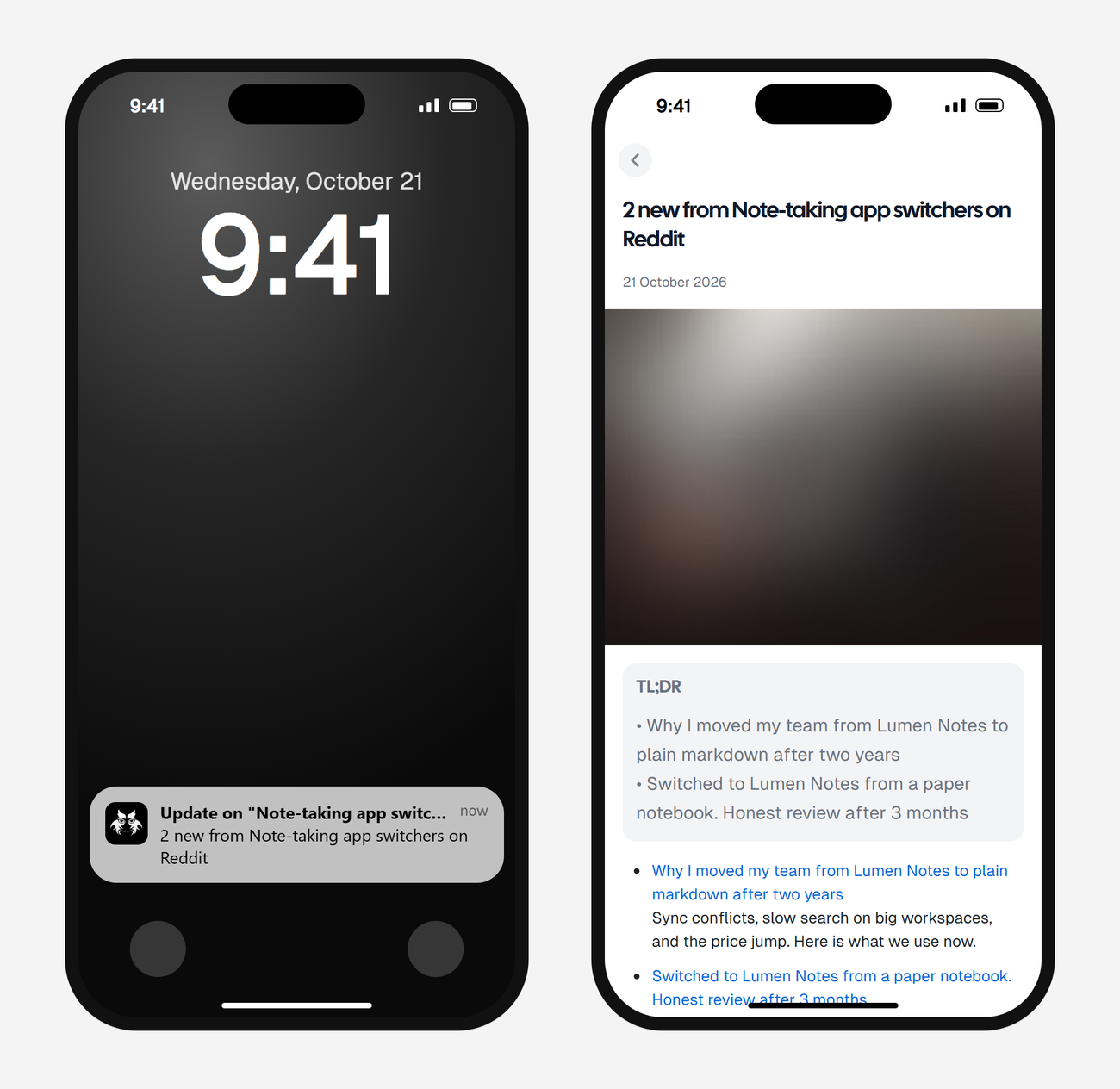 Example AyeWatch push notification and alert screen on a phone: 2 Reddit posts about switching note-taking apps