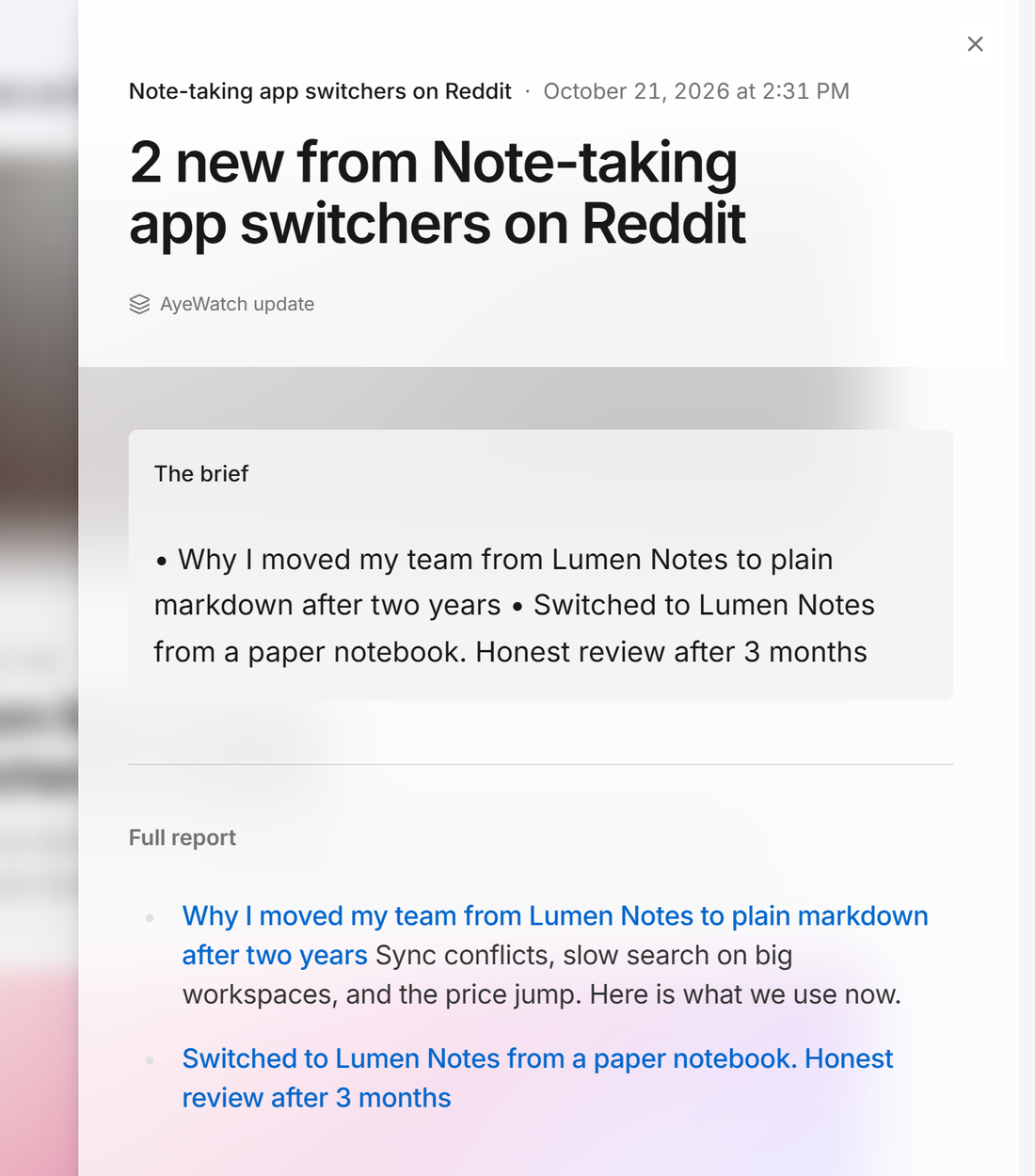 Example AyeWatch alert in the web feed: 2 Reddit posts about switching note-taking apps