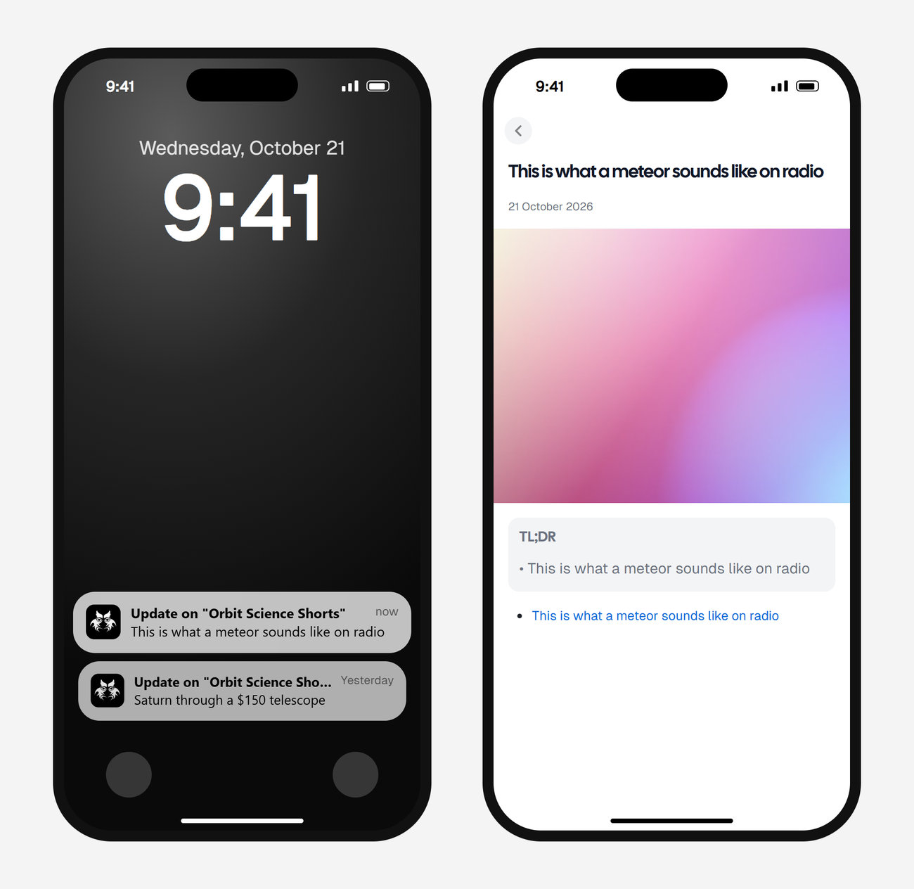 Example AyeWatch push notification and alert screen on a phone: a new Short from a made-up science channel