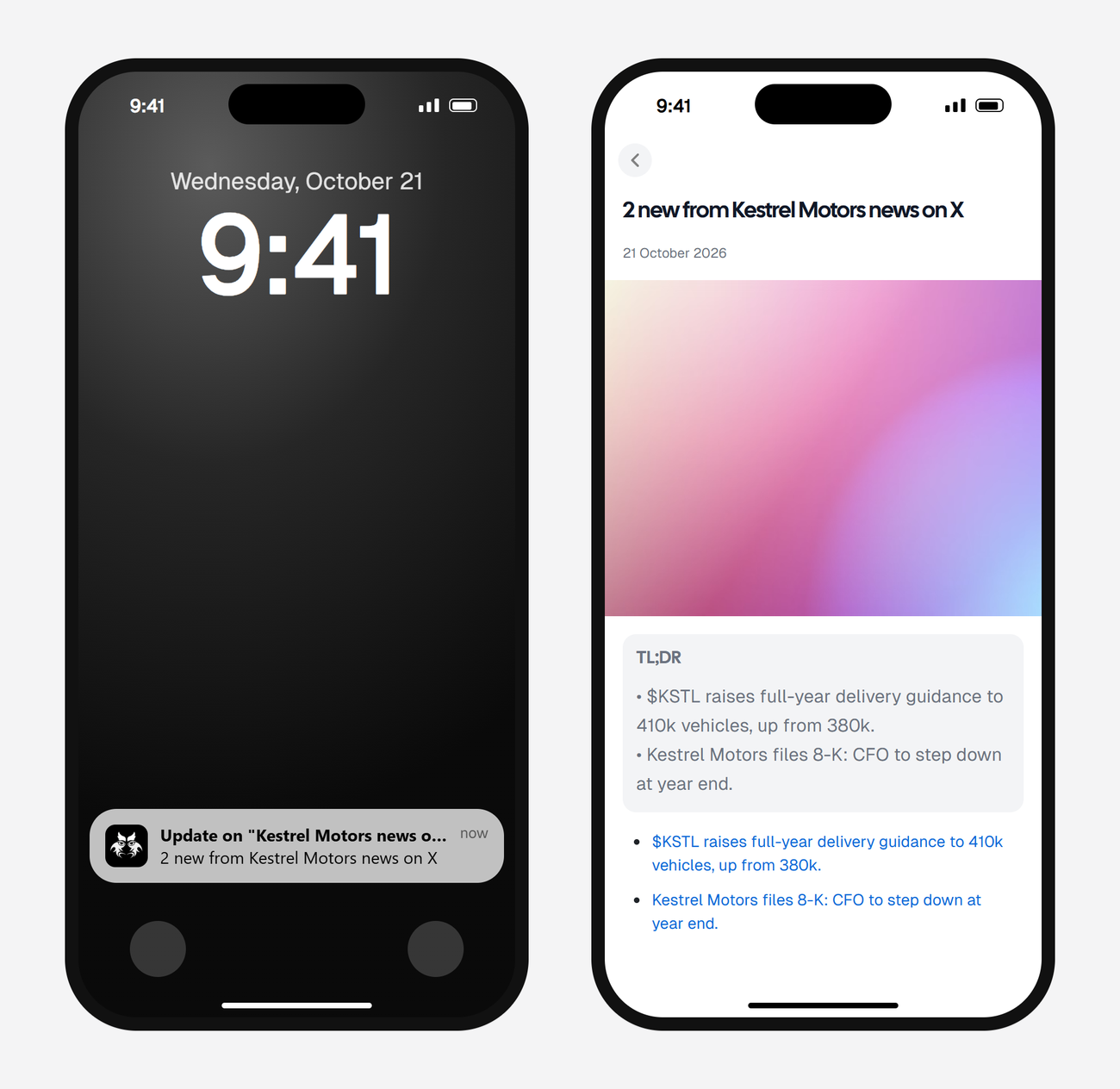 Example AyeWatch push notification and alert screen on a phone: 2 new X posts about a made-up ticker raising guidance and filing an 8-K