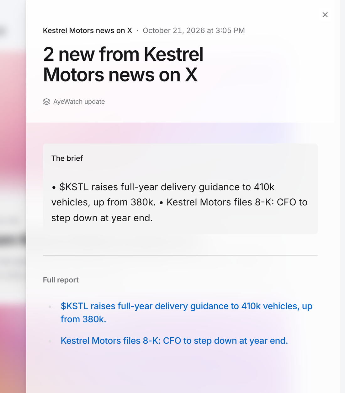 Example AyeWatch alert in the web feed: 2 new X posts about a made-up ticker raising guidance and filing an 8-K