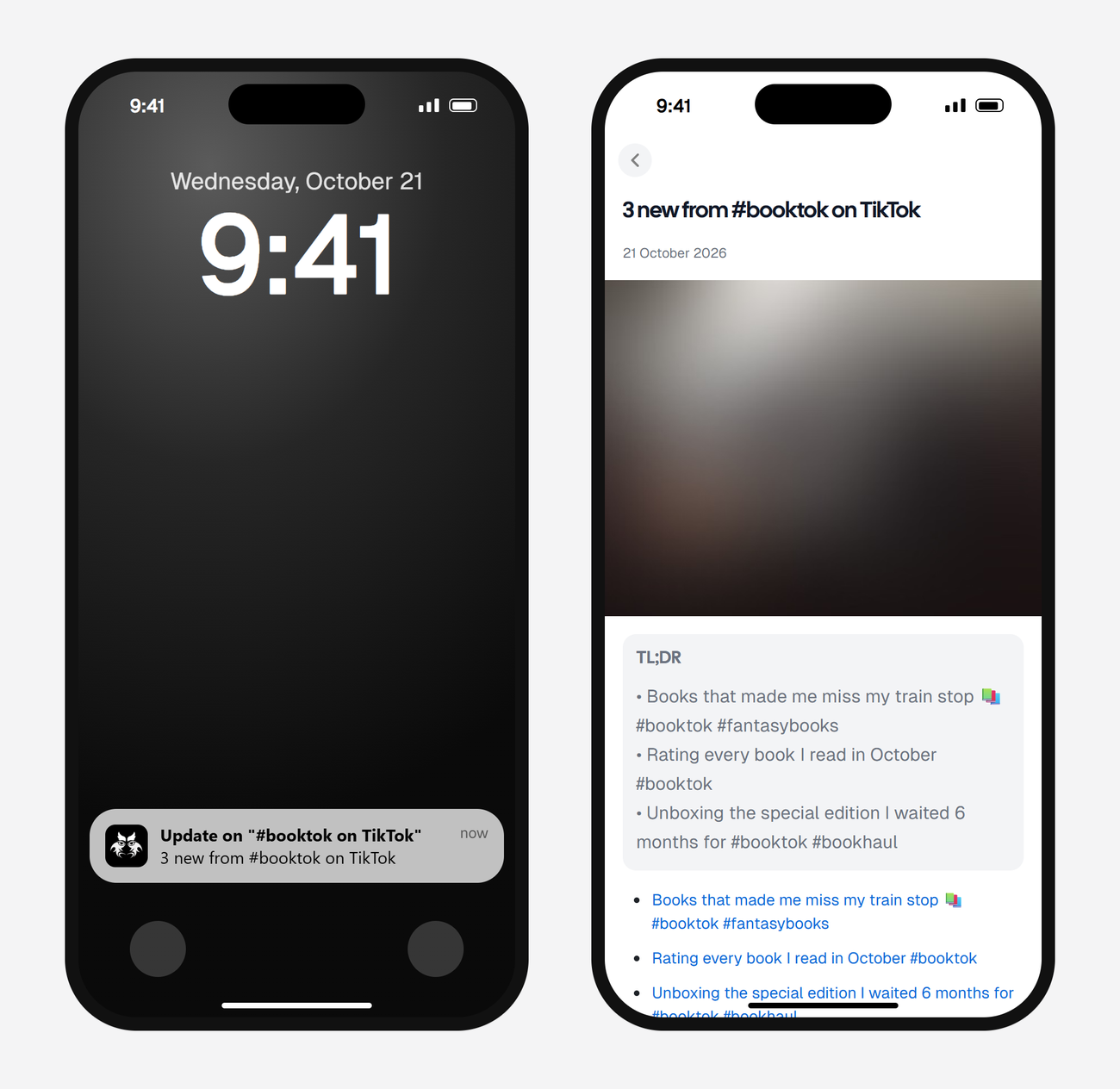 Example AyeWatch push notification and alert screen on a phone: 3 new TikTok videos tagged #booktok