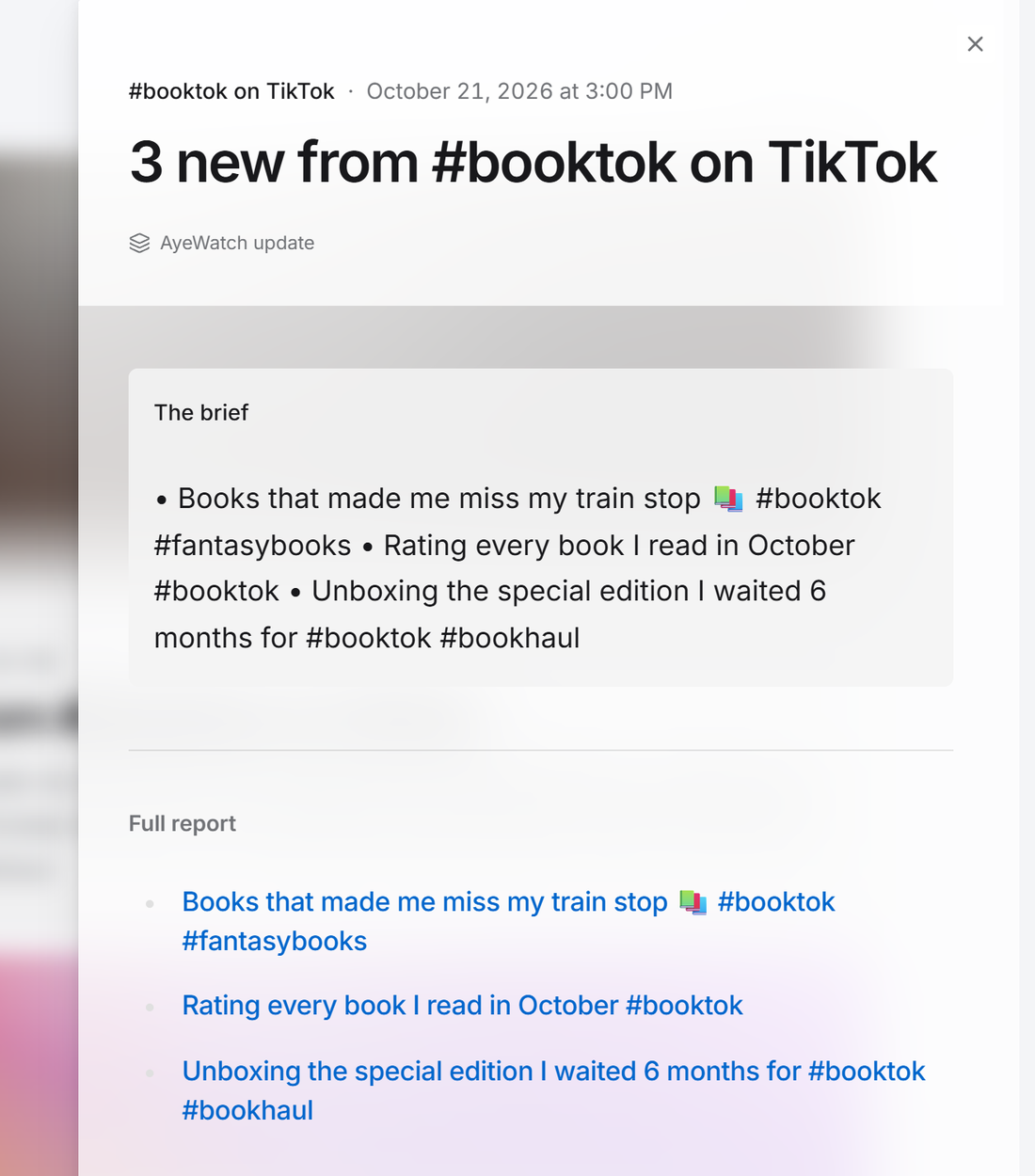 Example AyeWatch alert in the web feed: 3 new TikTok videos tagged #booktok
