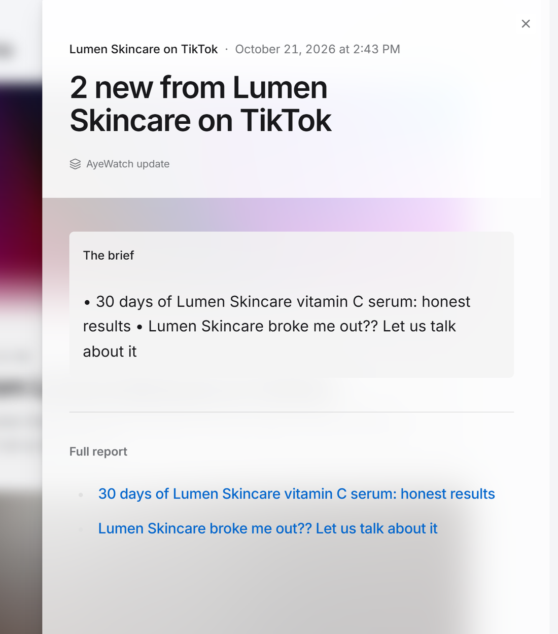 Example AyeWatch alert in the web feed: 2 TikToks reviewing a made-up skincare brand