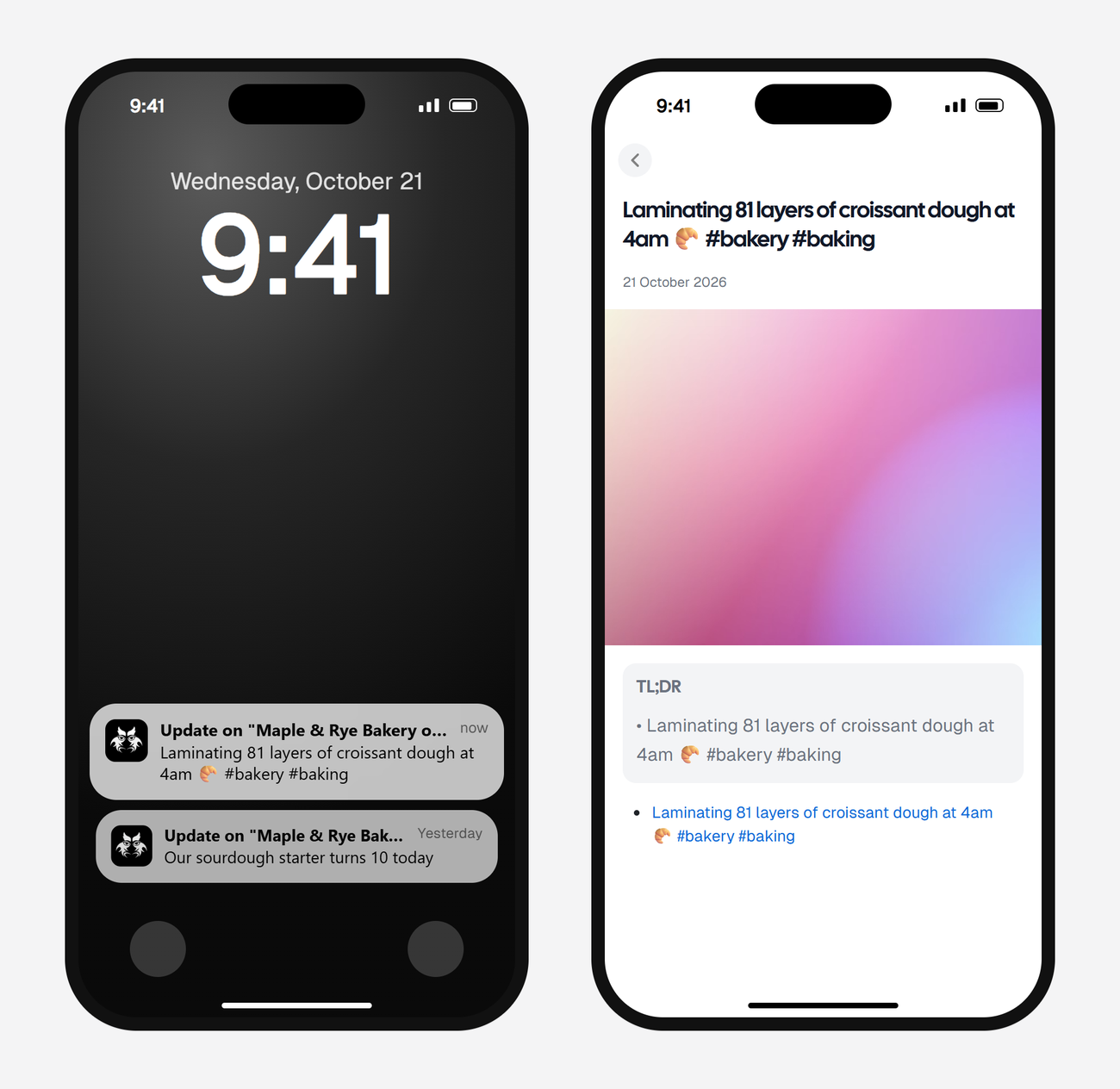 Example AyeWatch push notification and alert screen on a phone: a new TikTok video from Maple & Rye Bakery