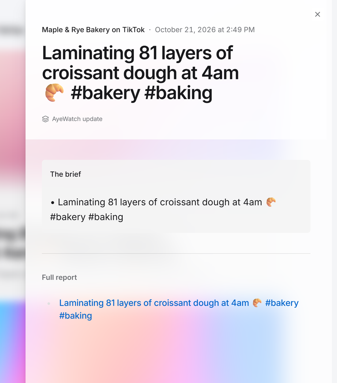 Example AyeWatch alert in the web feed: a new TikTok video from Maple & Rye Bakery