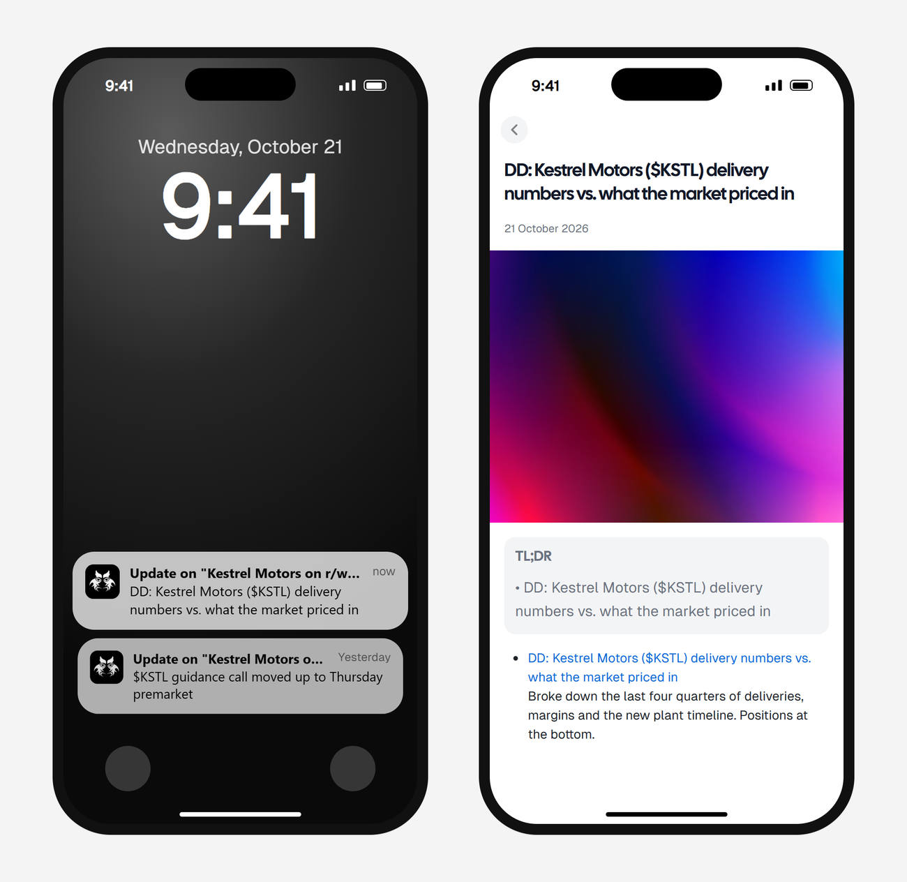 Example AyeWatch push notification and alert screen on a phone: a DD post about a made-up ticker on r/wallstreetbets