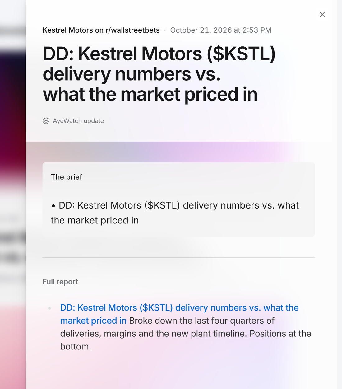 Example AyeWatch alert in the web feed: a DD post about a made-up ticker on r/wallstreetbets