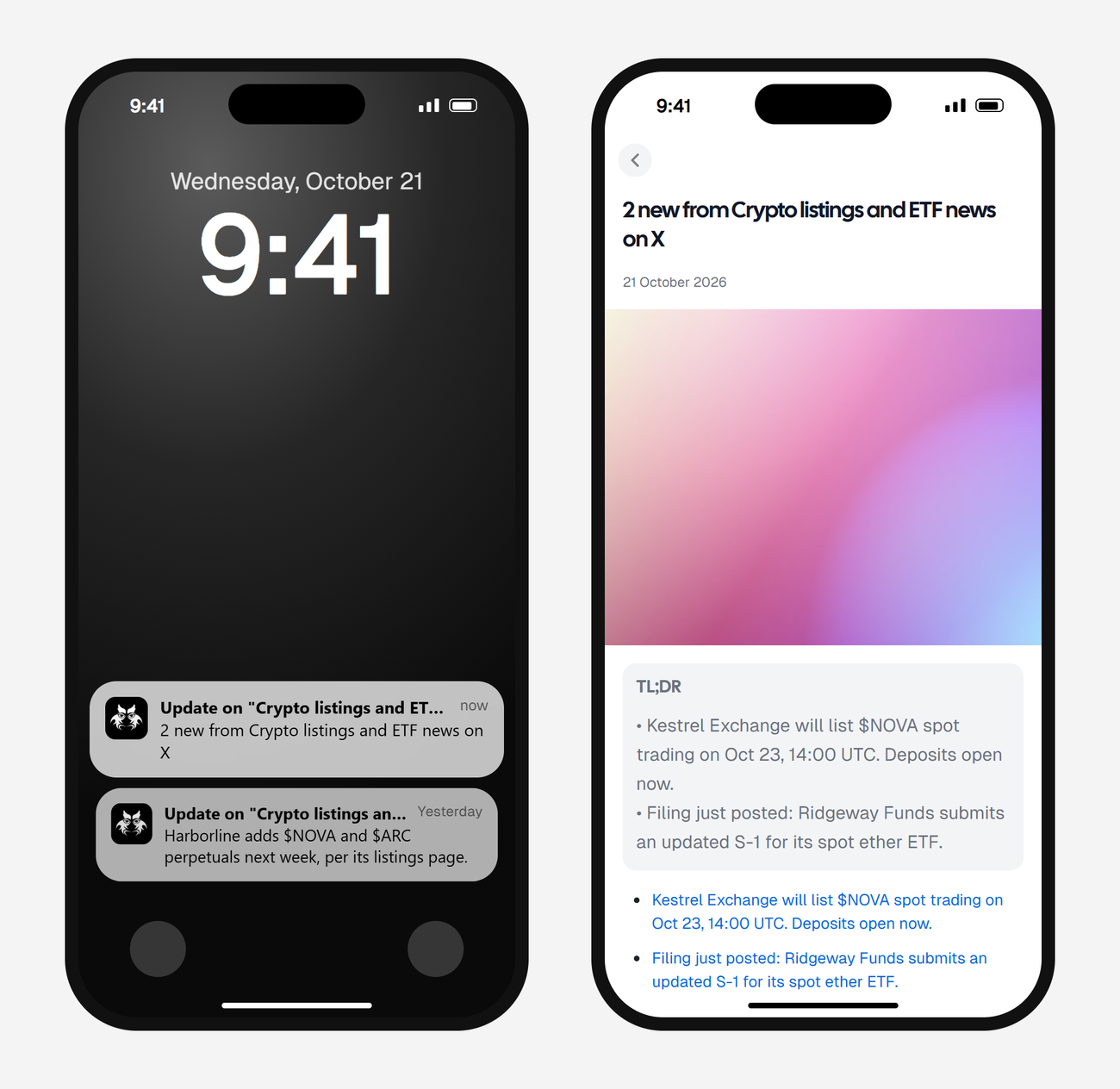 Example AyeWatch push notification and alert screen on a phone: a new exchange listing and an ETF filing posted on X