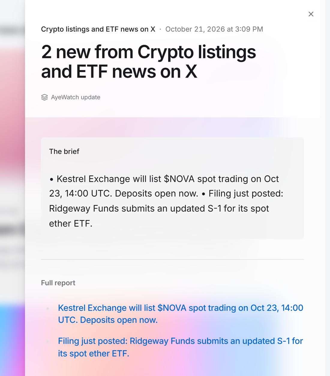 Example AyeWatch alert in the web feed: a new exchange listing and an ETF filing posted on X