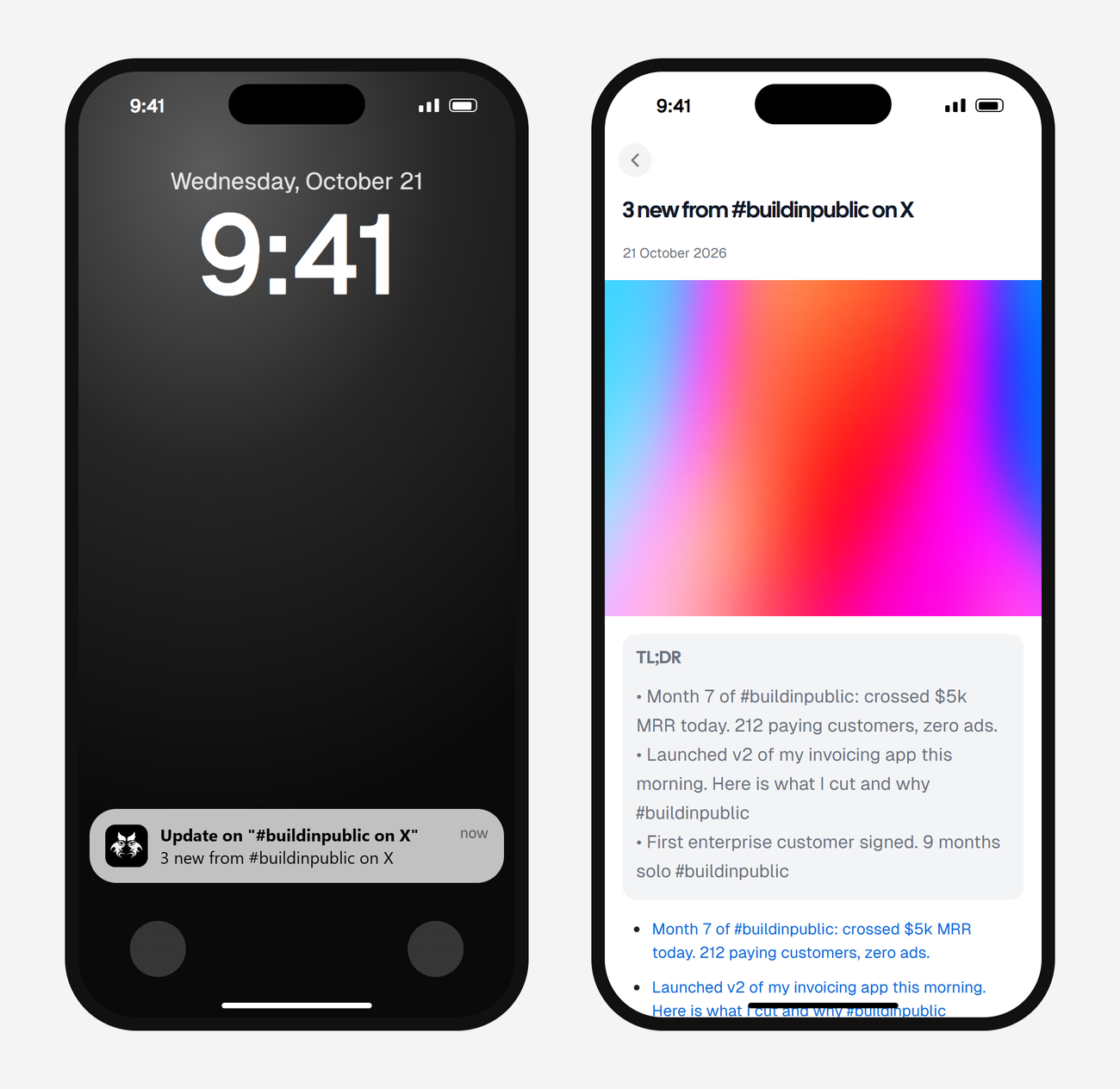 Example AyeWatch push notification and alert screen on a phone: 3 new X posts tagged #buildinpublic