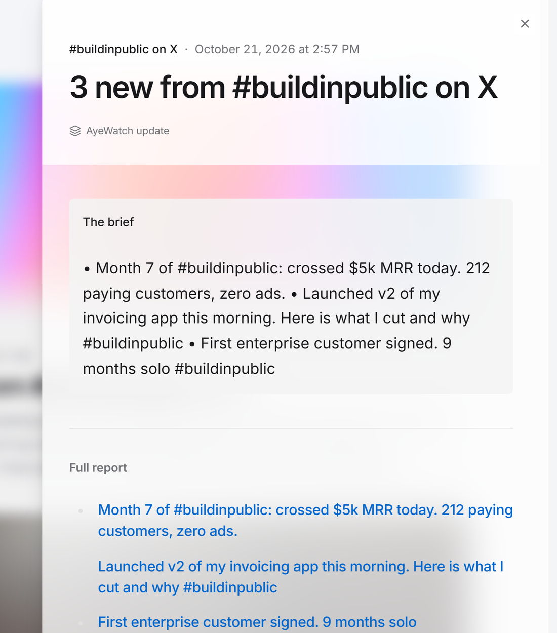 Example AyeWatch alert in the web feed: 3 new X posts tagged #buildinpublic