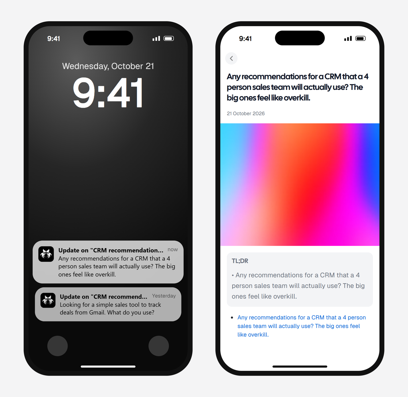 Example AyeWatch push notification and alert screen on a phone: a post asking for a CRM recommendation