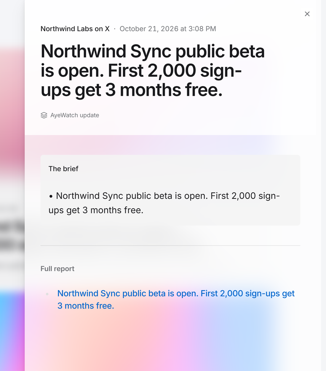 Example AyeWatch alert in the web feed: a new post from an X account