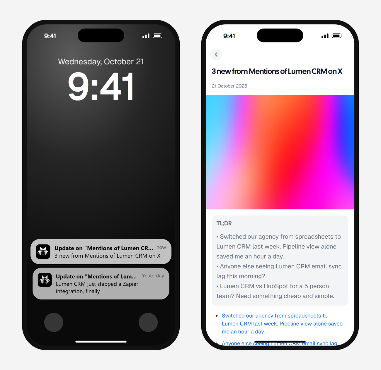 Example AyeWatch push notification and alert screen on a phone: 3 new X posts mentioning Lumen CRM