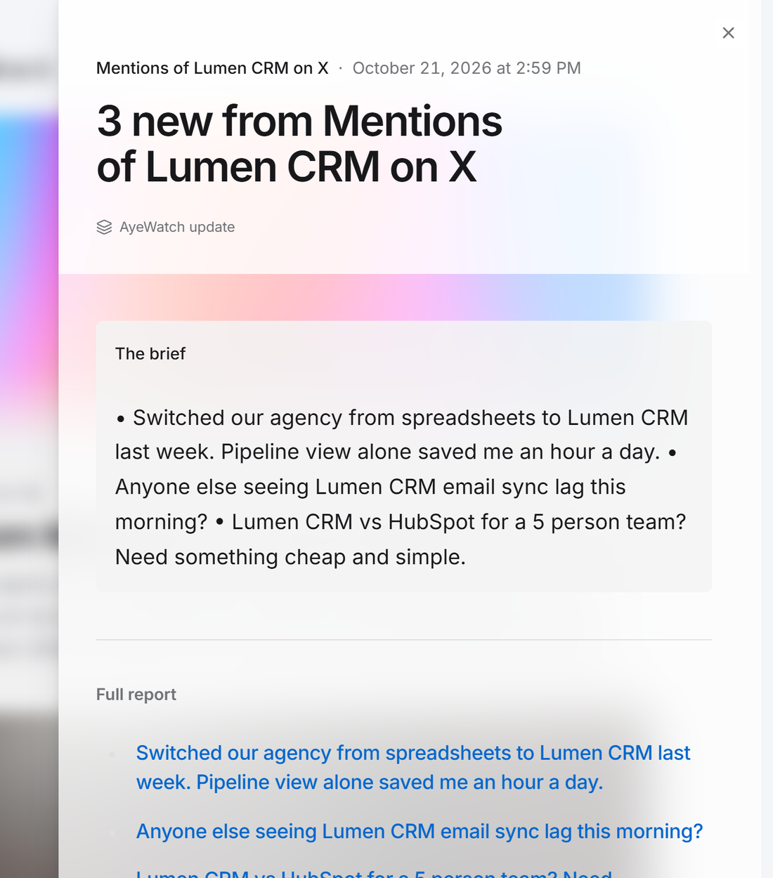 Example AyeWatch alert in the web feed: 3 new X posts mentioning Lumen CRM