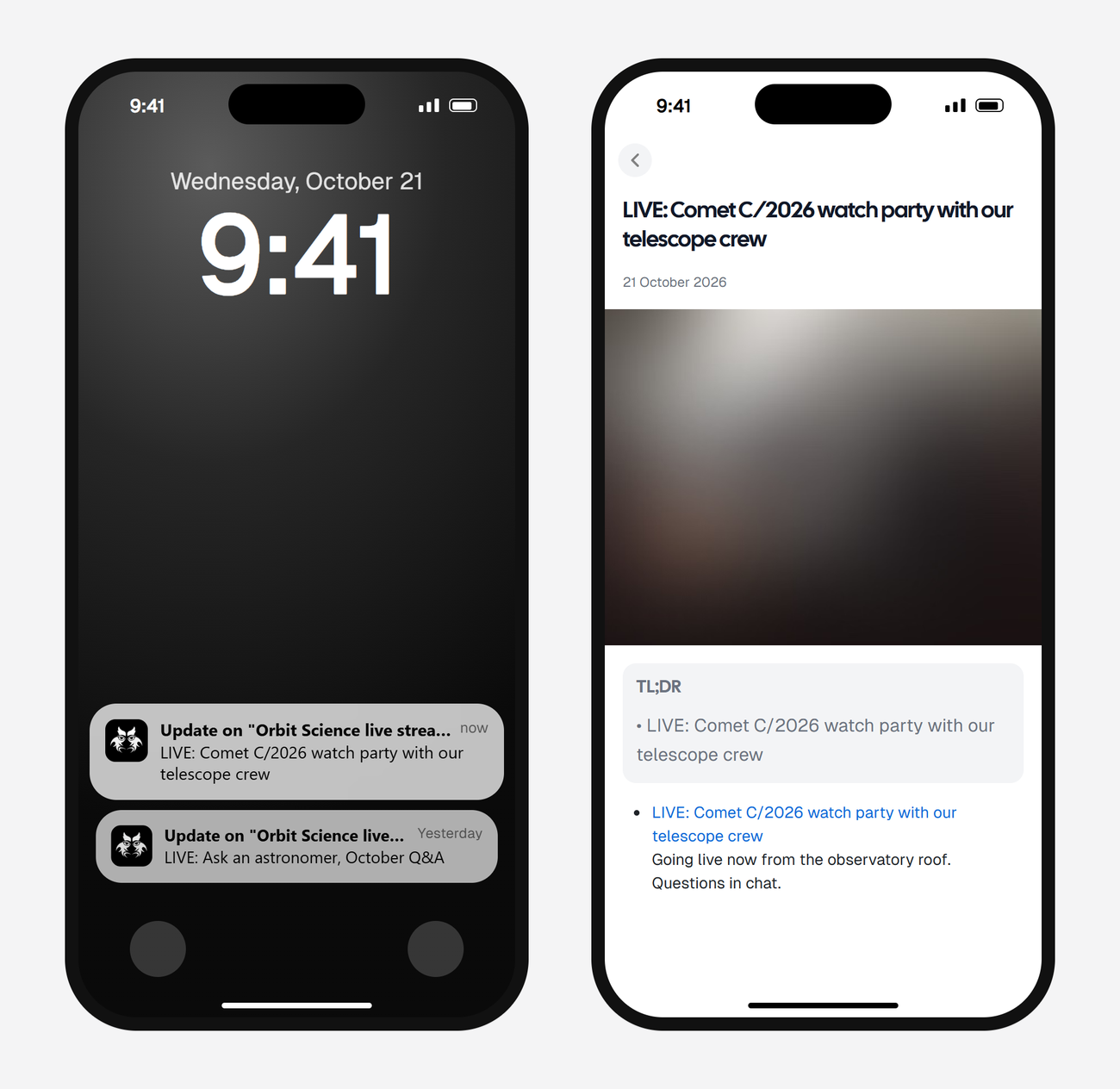 Example AyeWatch push notification and alert screen on a phone: a YouTube channel going live