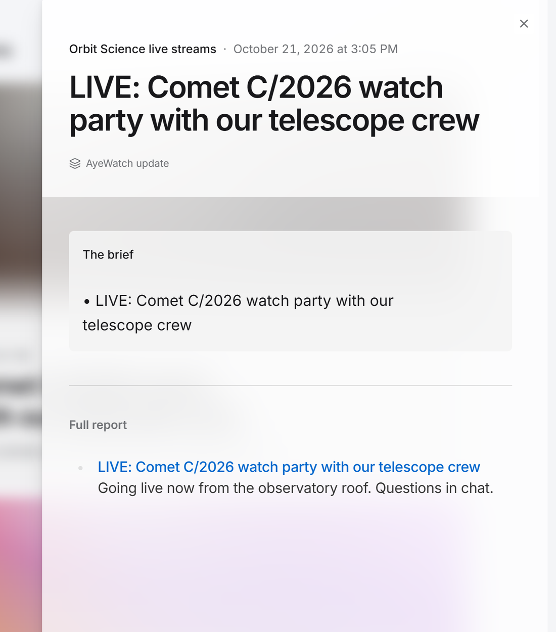 Example AyeWatch alert in the web feed: a YouTube channel going live