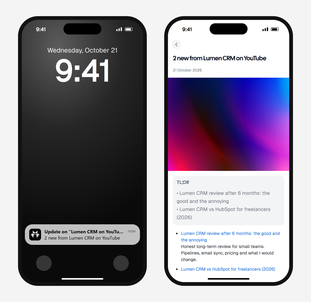 Example AyeWatch push notification and alert screen on a phone: 2 new YouTube videos about Lumen CRM