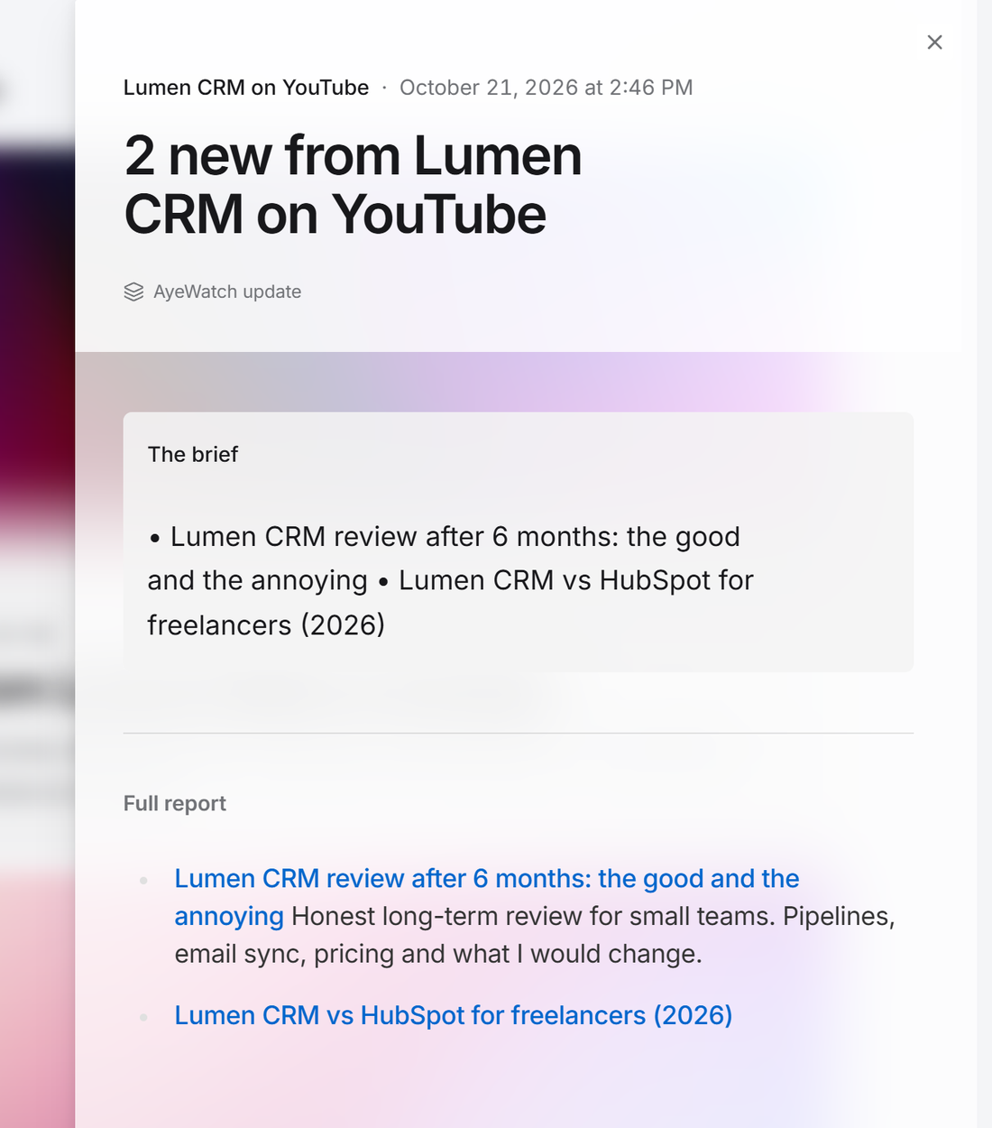 Example AyeWatch alert in the web feed: 2 new YouTube videos about Lumen CRM