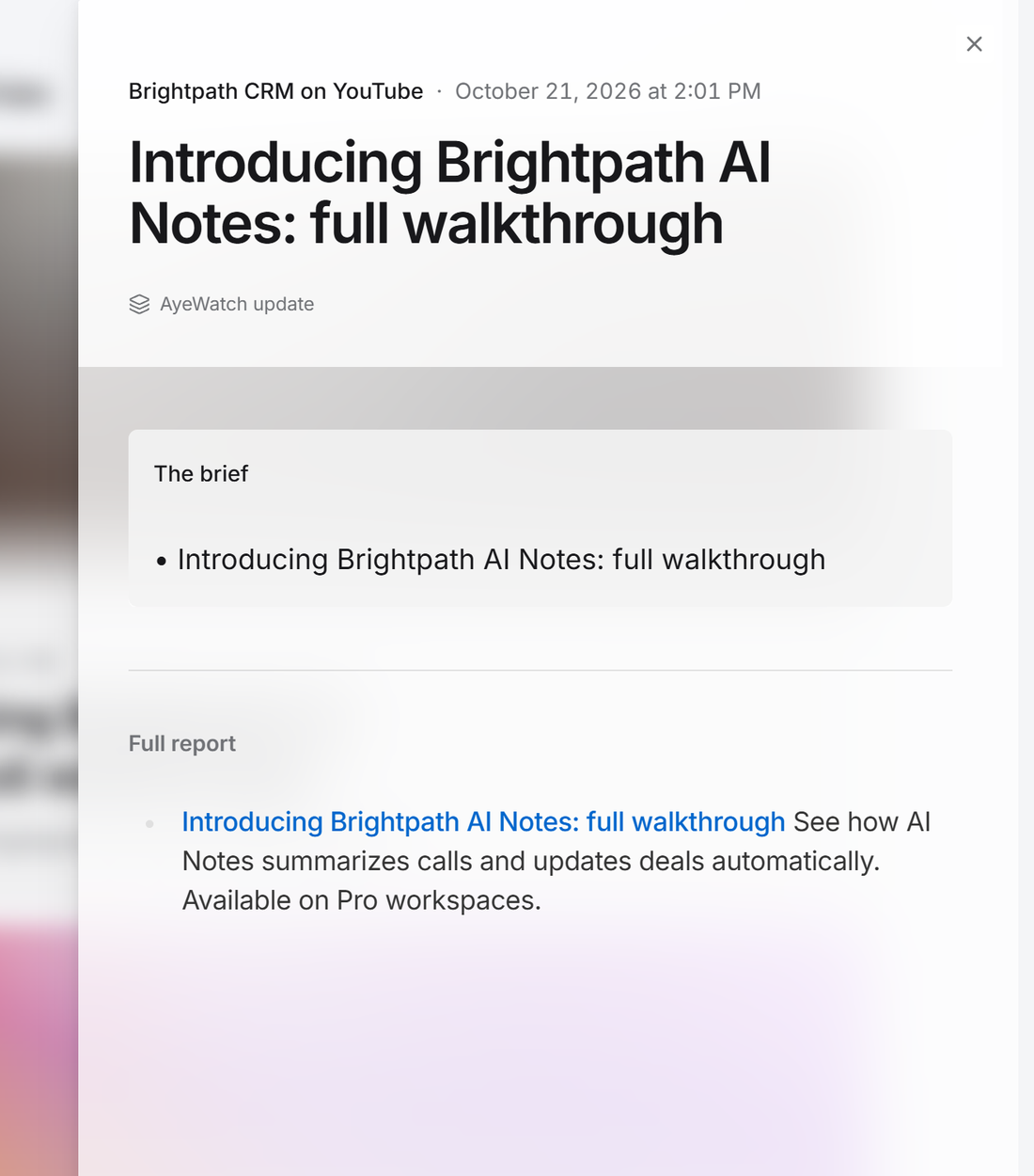 Example AyeWatch alert in the web feed: a made-up competitor's feature launch video