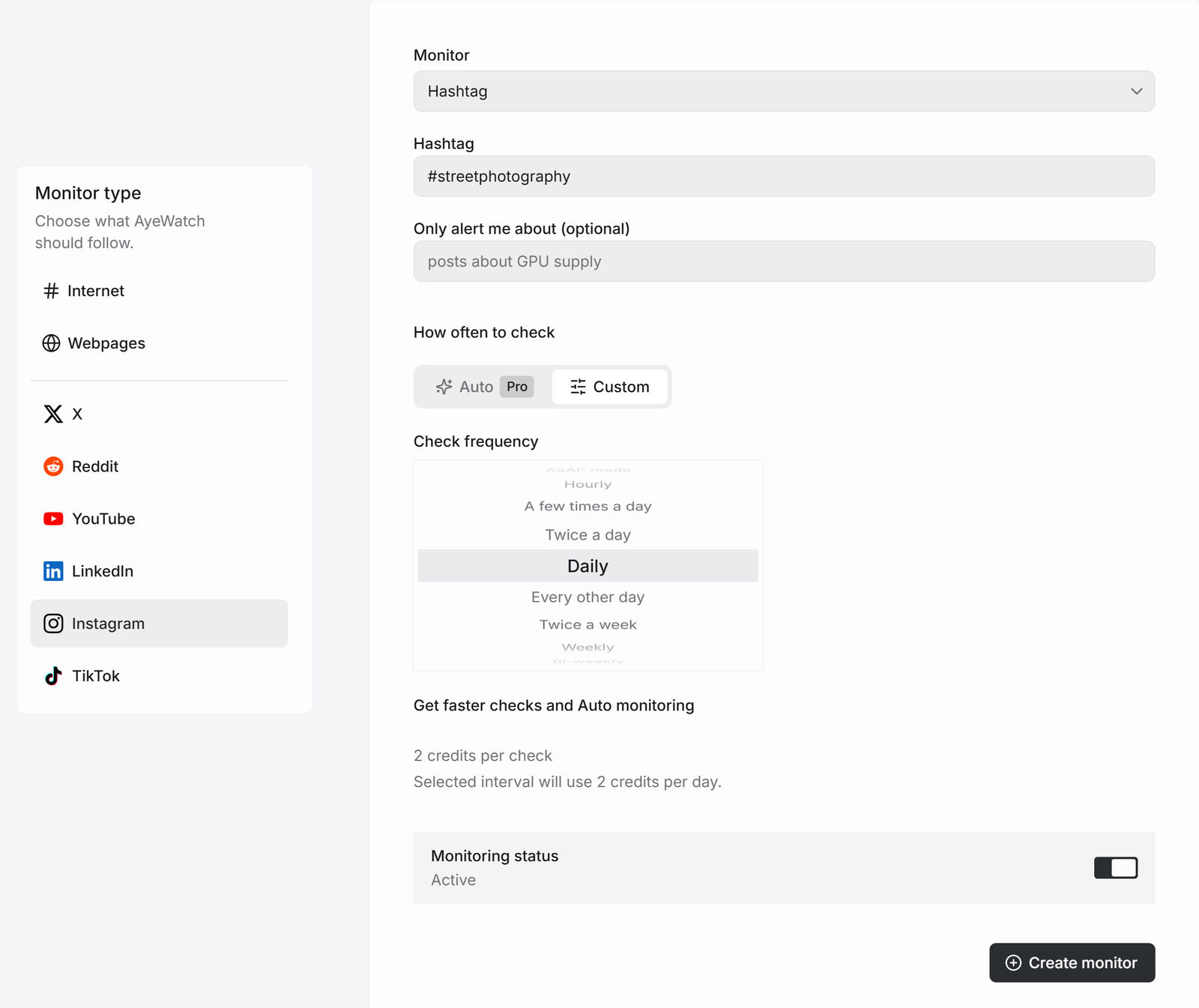 AyeWatch create monitor form with Instagram Hashtag mode and #streetphotography