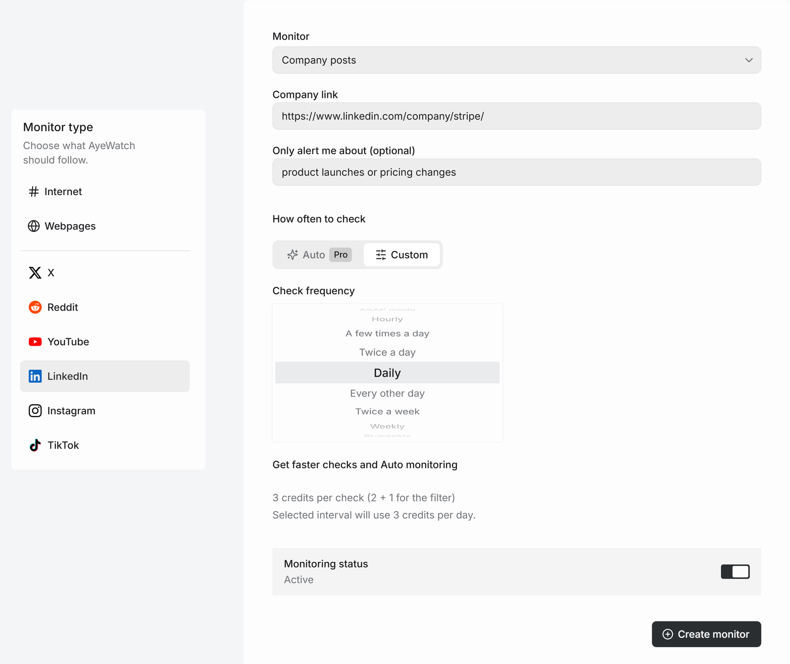 AyeWatch LinkedIn Company posts monitor with a company page link and an AI filter for product launches or pricing changes