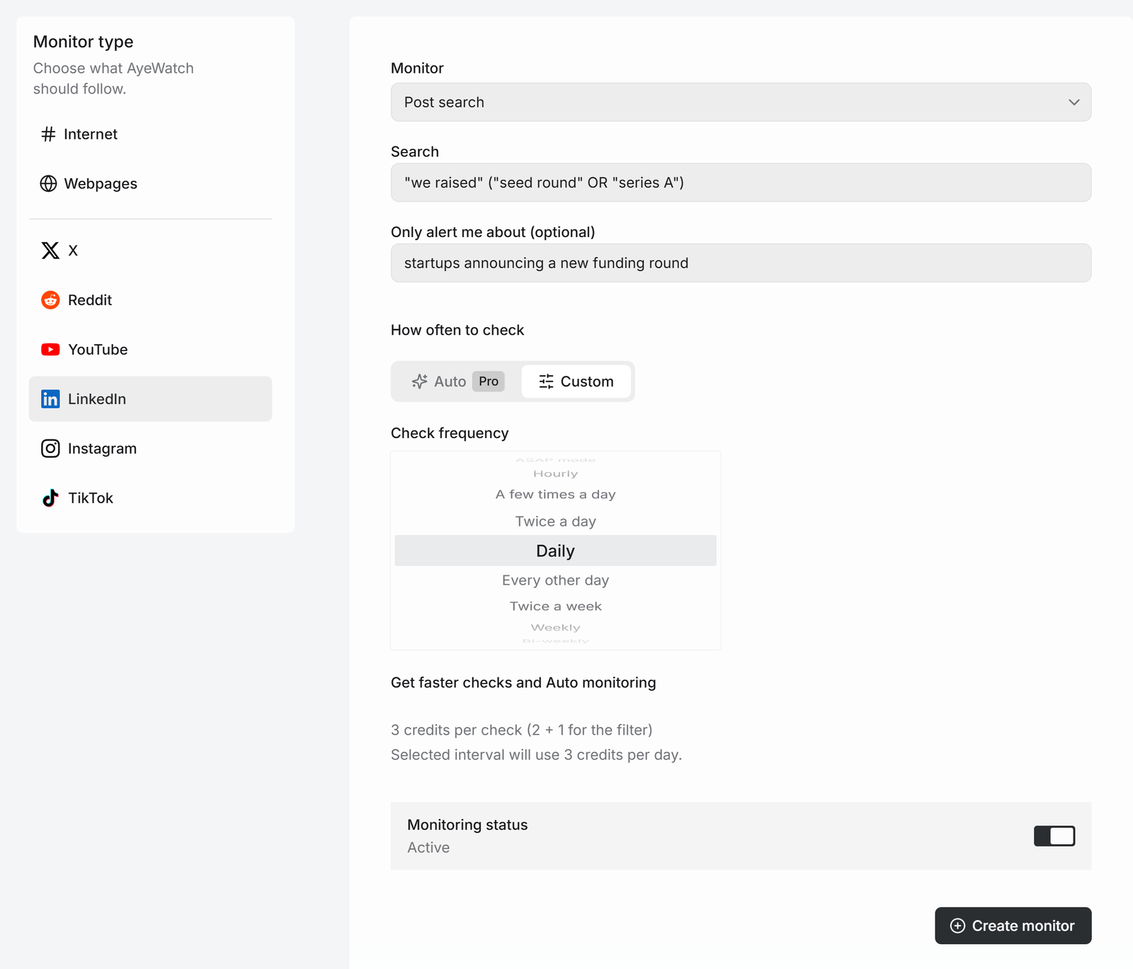 AyeWatch LinkedIn Post search monitor for we raised seed round or series A with an AI filter for funding announcements